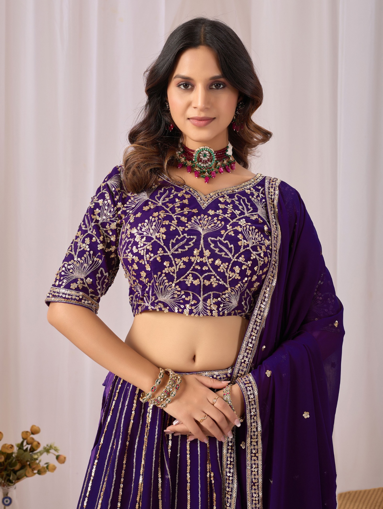 Purple Floral Embroidered Faux Georgette Lehenga Set