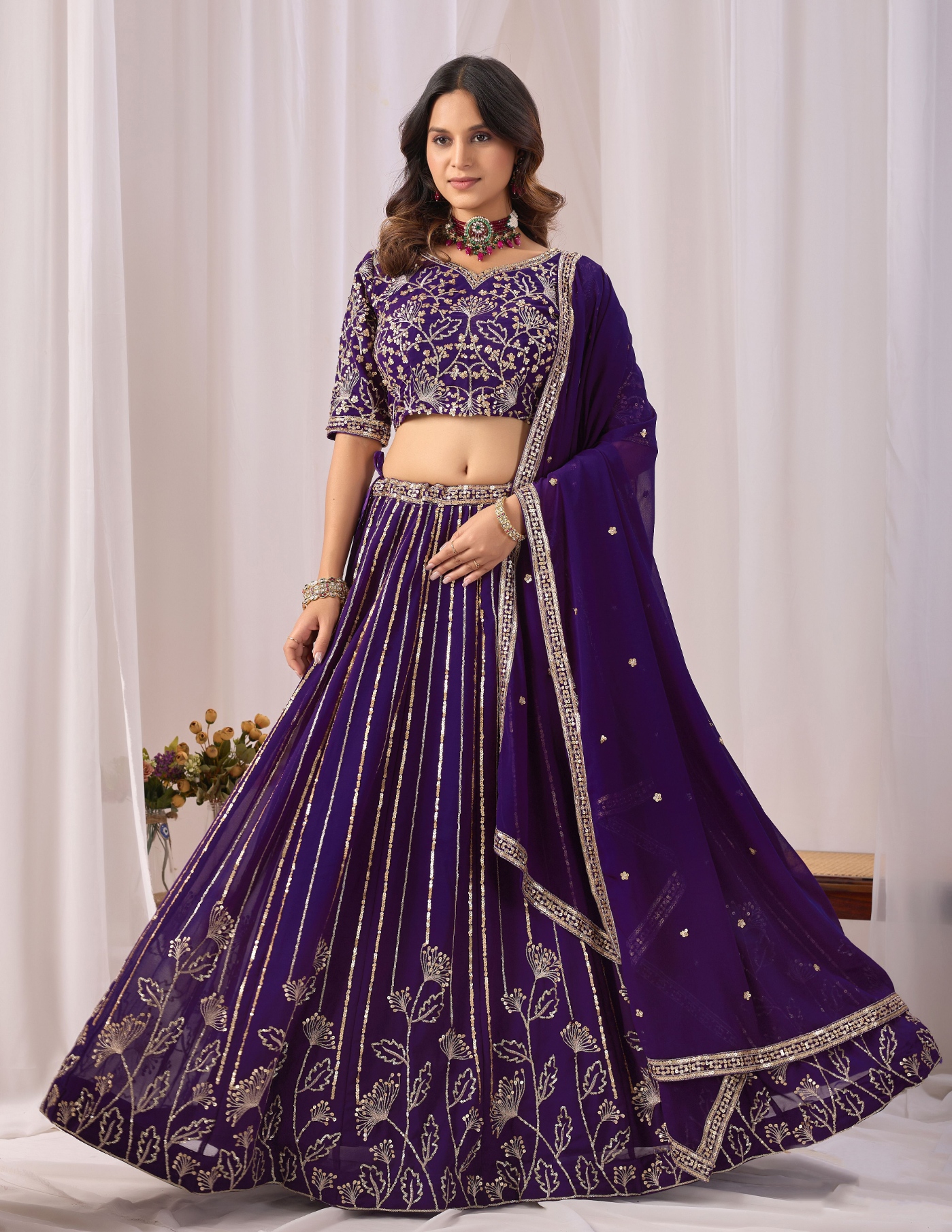 Purple Floral Embroidered Faux Georgette Lehenga Set