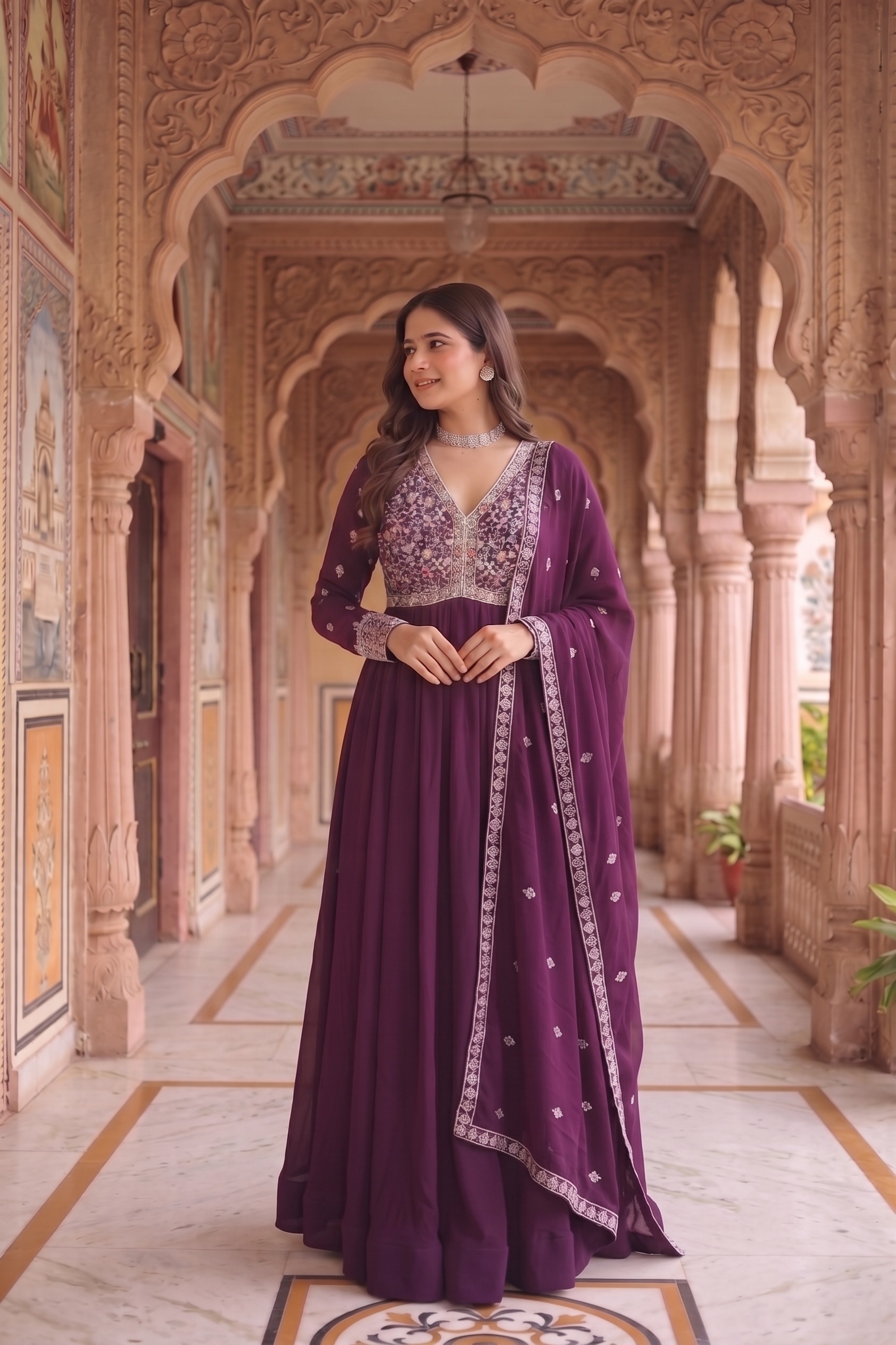 Purple Floral Embroidered Georgette Anarkali Suit