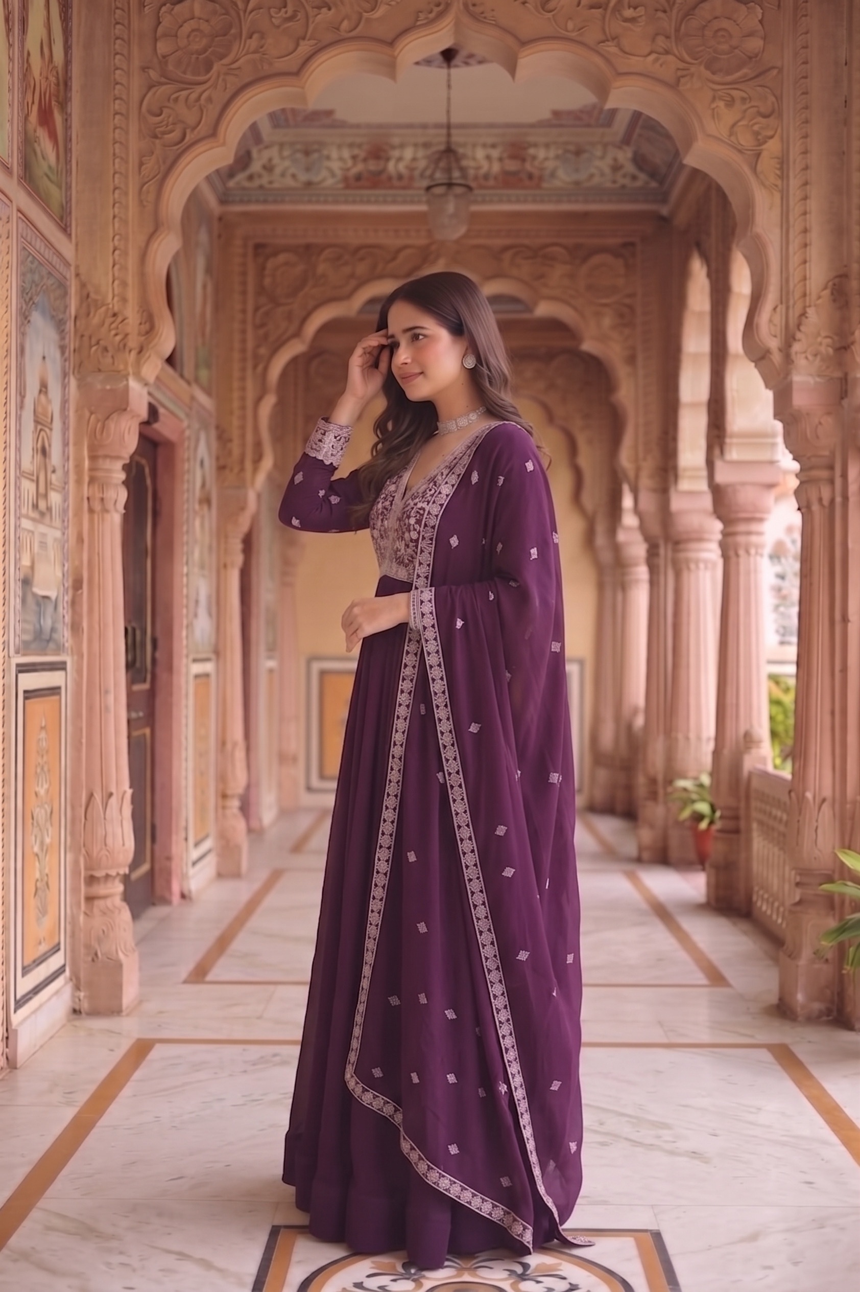 Purple Floral Embroidered Georgette Anarkali Suit