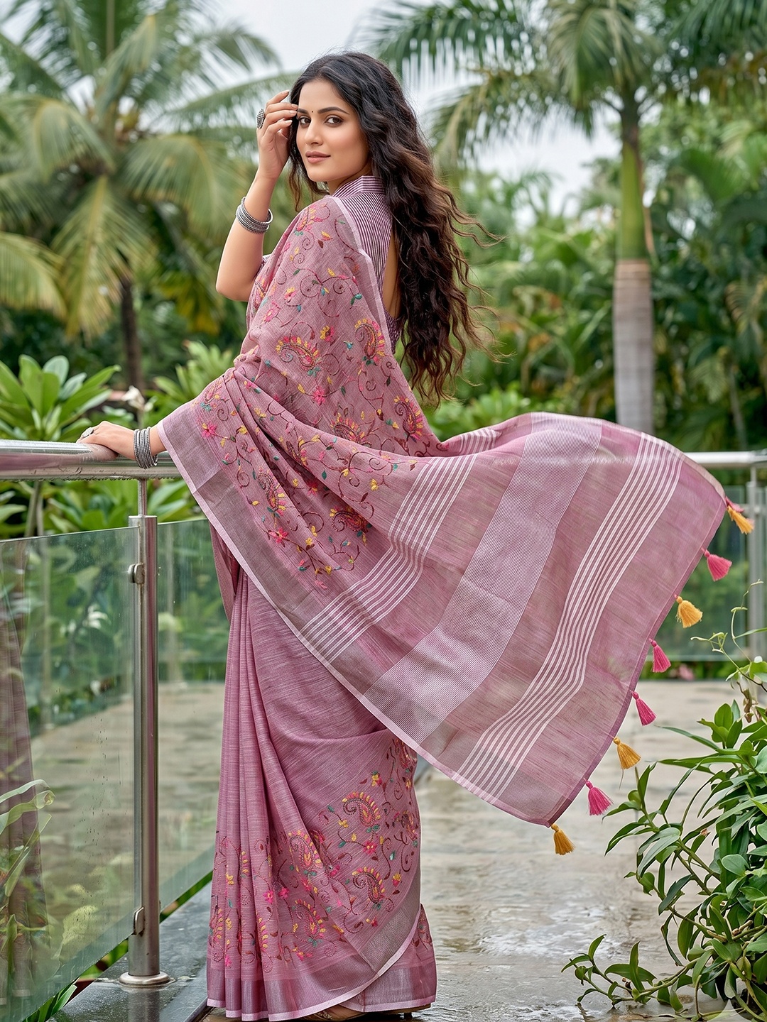 Purple Floral Embroidered Linen Saree — alternate view