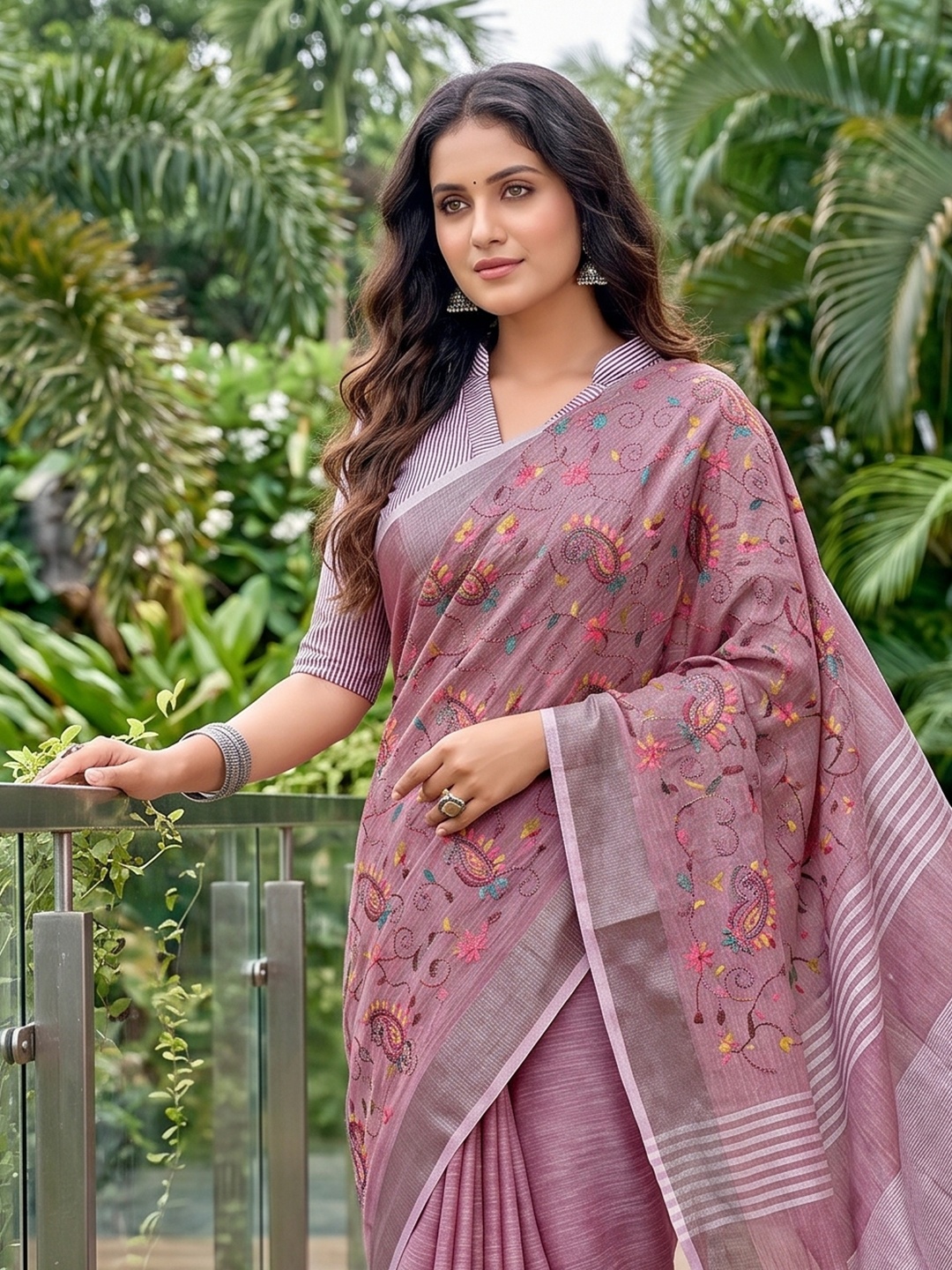 Purple Floral Embroidered Linen Saree