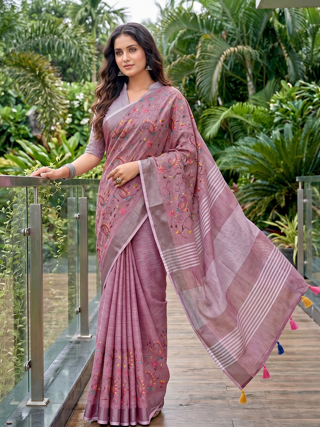 Purple Floral Embroidered Linen Saree