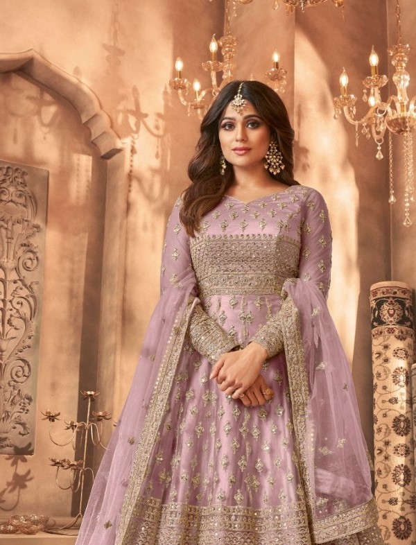 Purple Floral Embroidered Net Anarkali Suit — alternate view