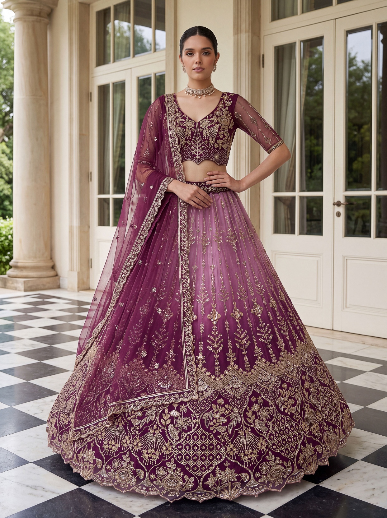 Purple Floral Embroidered Net Lehenga Choli