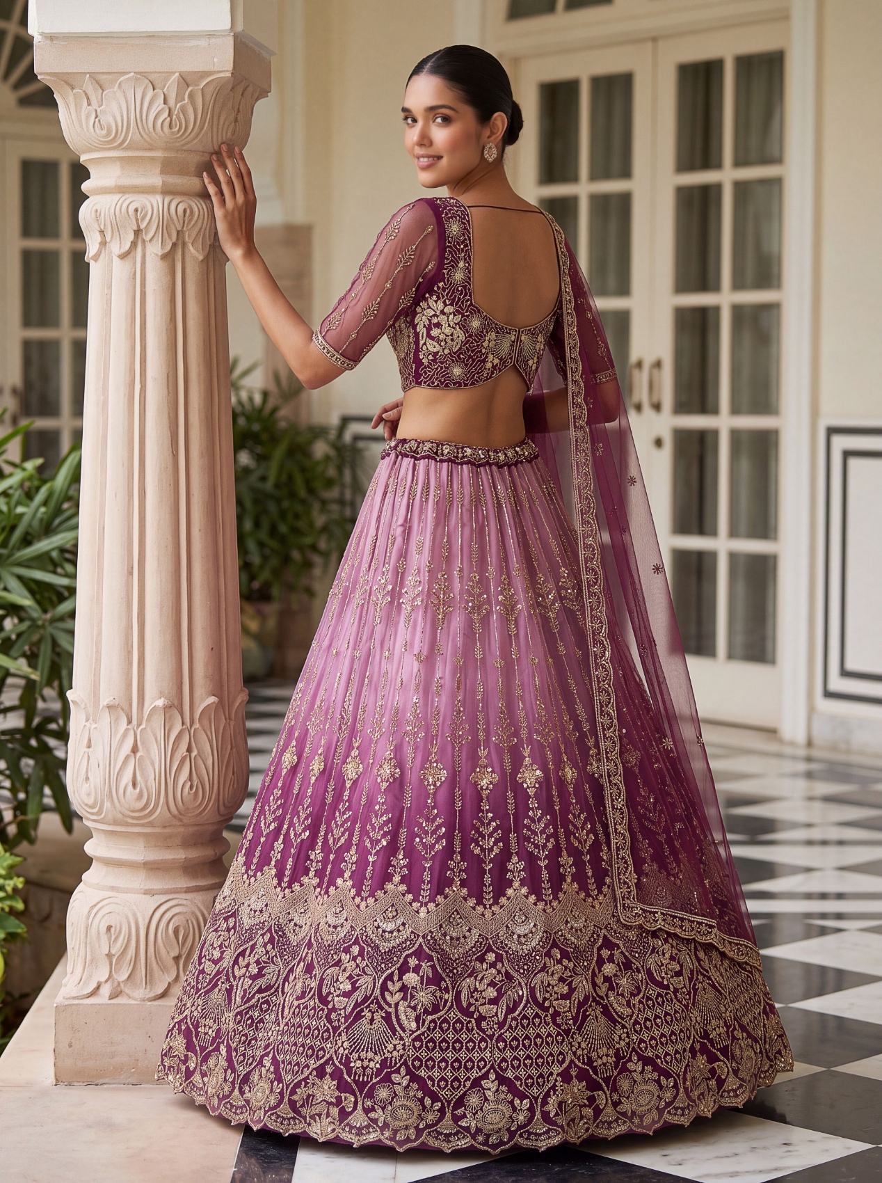 Purple Floral Embroidered Net Lehenga Choli — alternate view