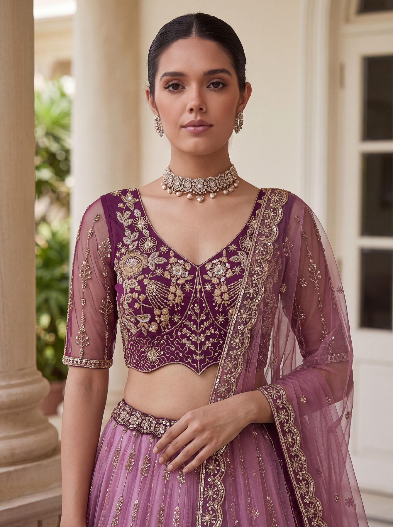 Purple Floral Embroidered Net Lehenga Choli