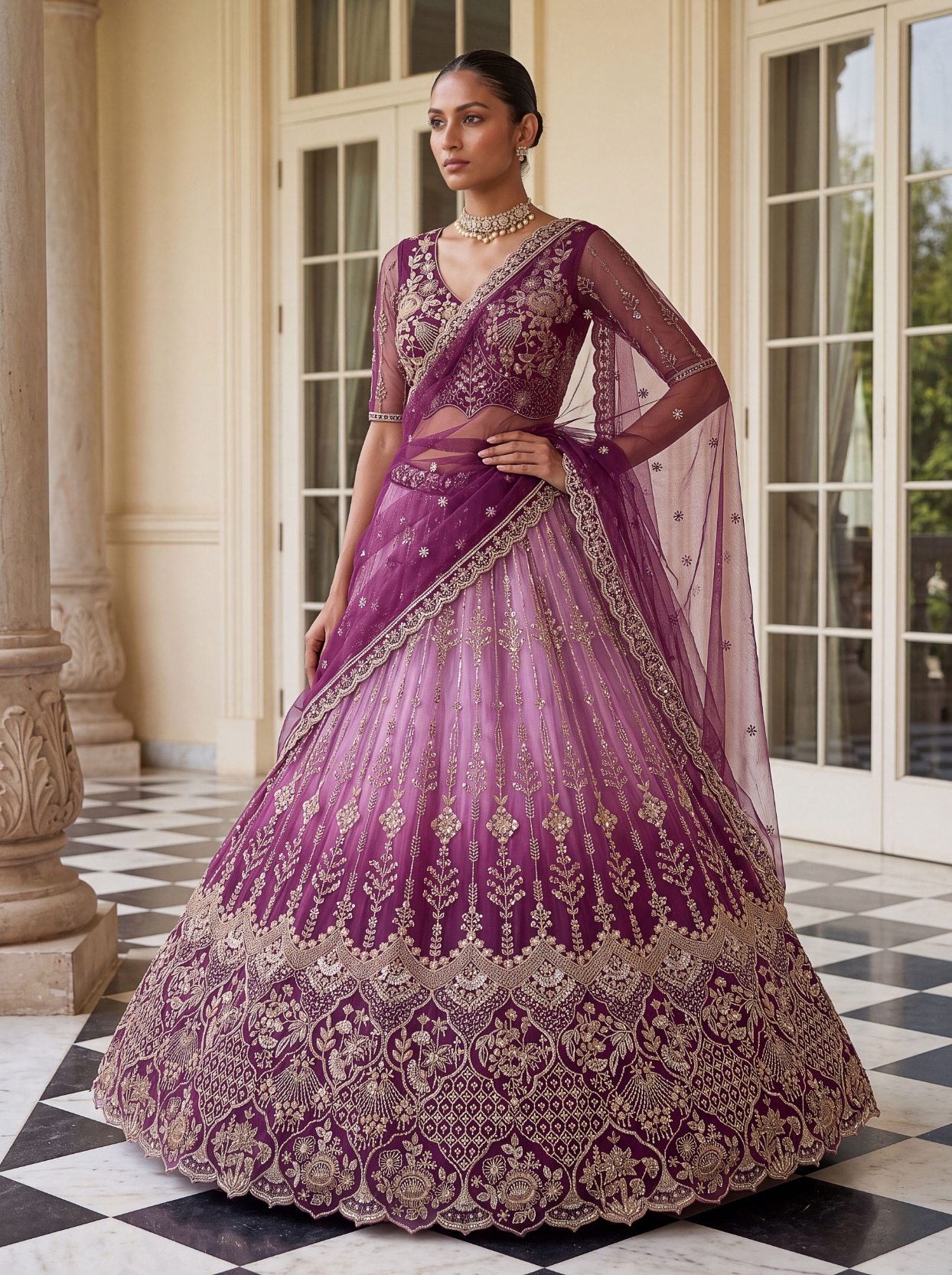 Purple Floral Embroidered Net Lehenga Choli