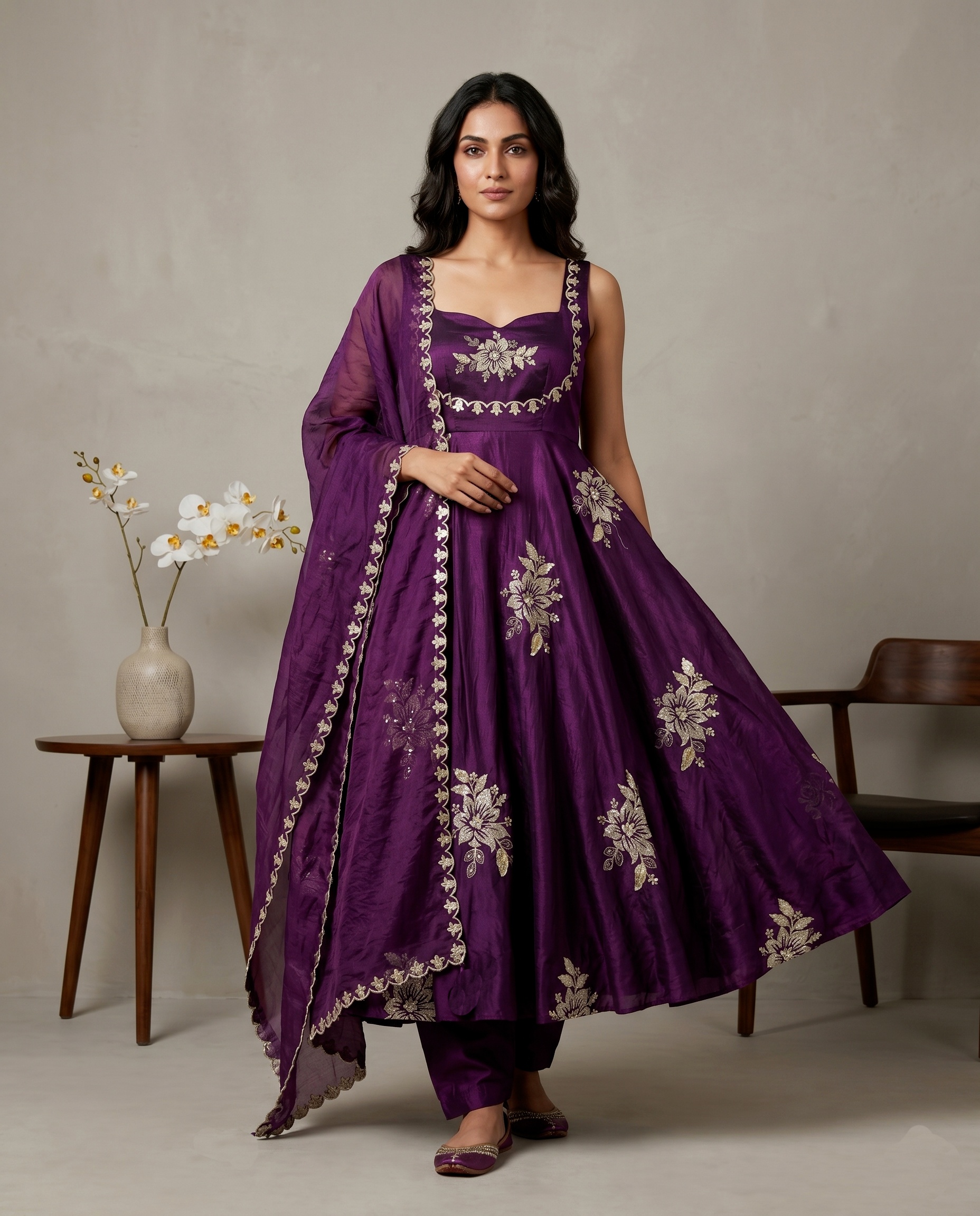 Purple Floral Embroidered Silk Anarkali Suit