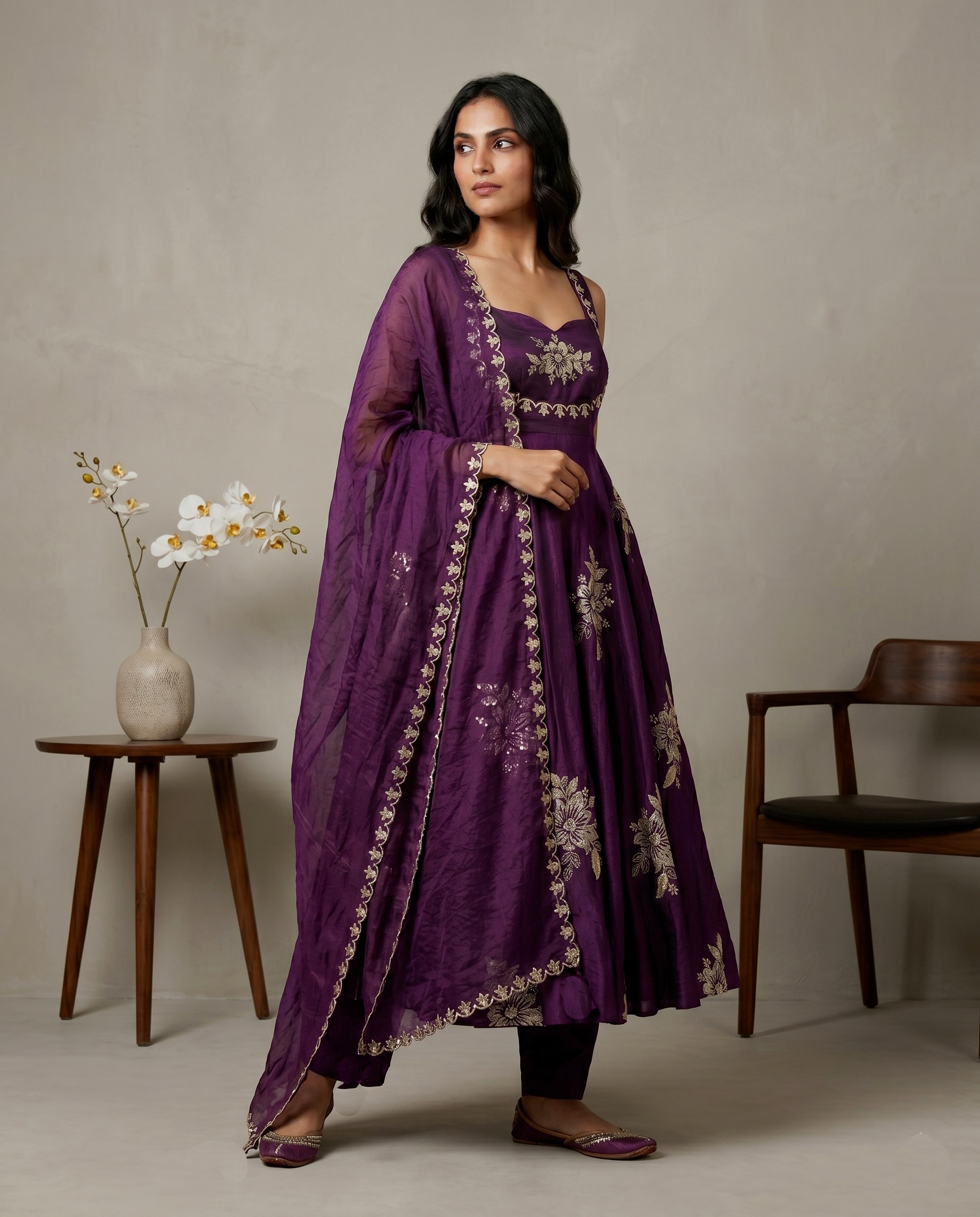 Purple Floral Embroidered Silk Anarkali Suit — alternate view