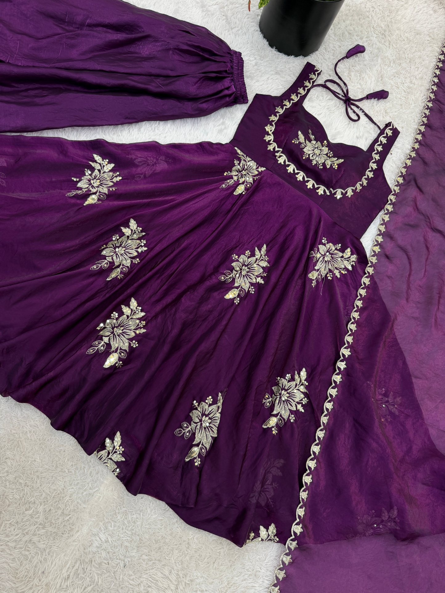 Purple Floral Embroidered Silk Anarkali Suit