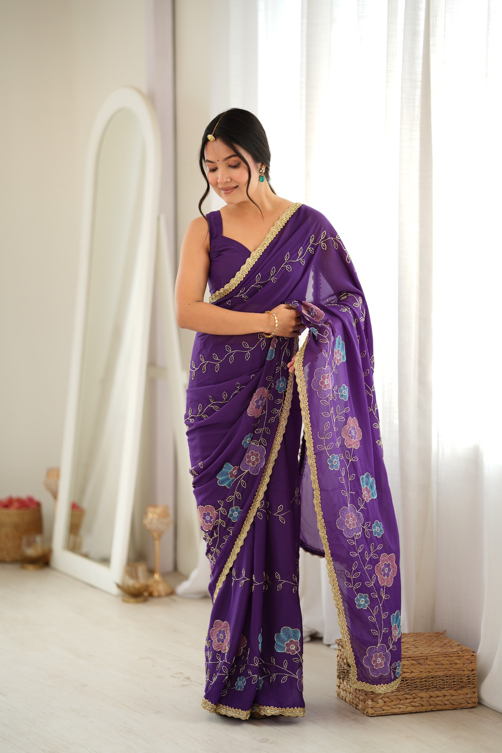Purple Floral Embroidered Star Georgette Saree