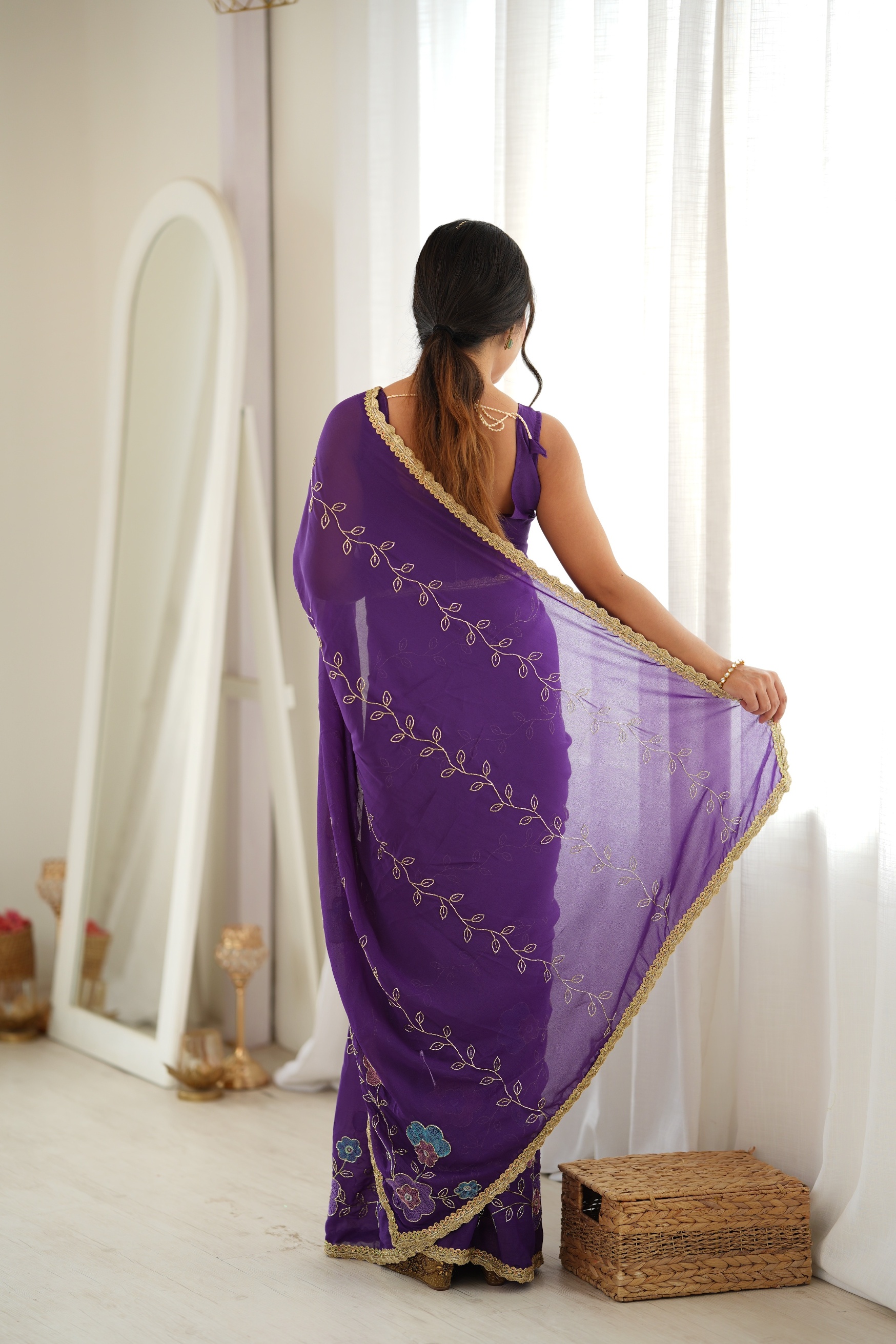 Purple Floral Embroidered Star Georgette Saree — alternate view
