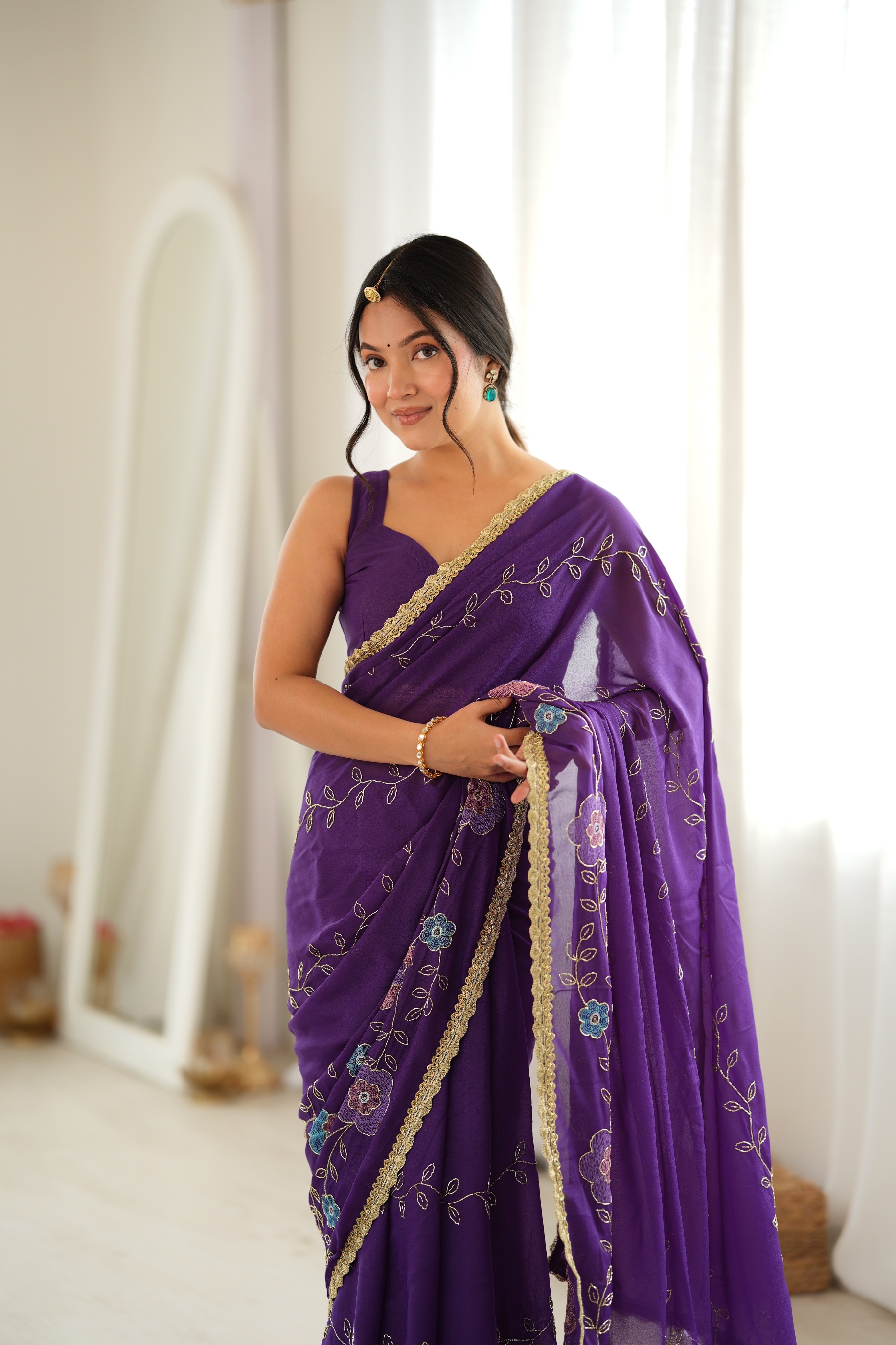 Purple Floral Embroidered Star Georgette Saree