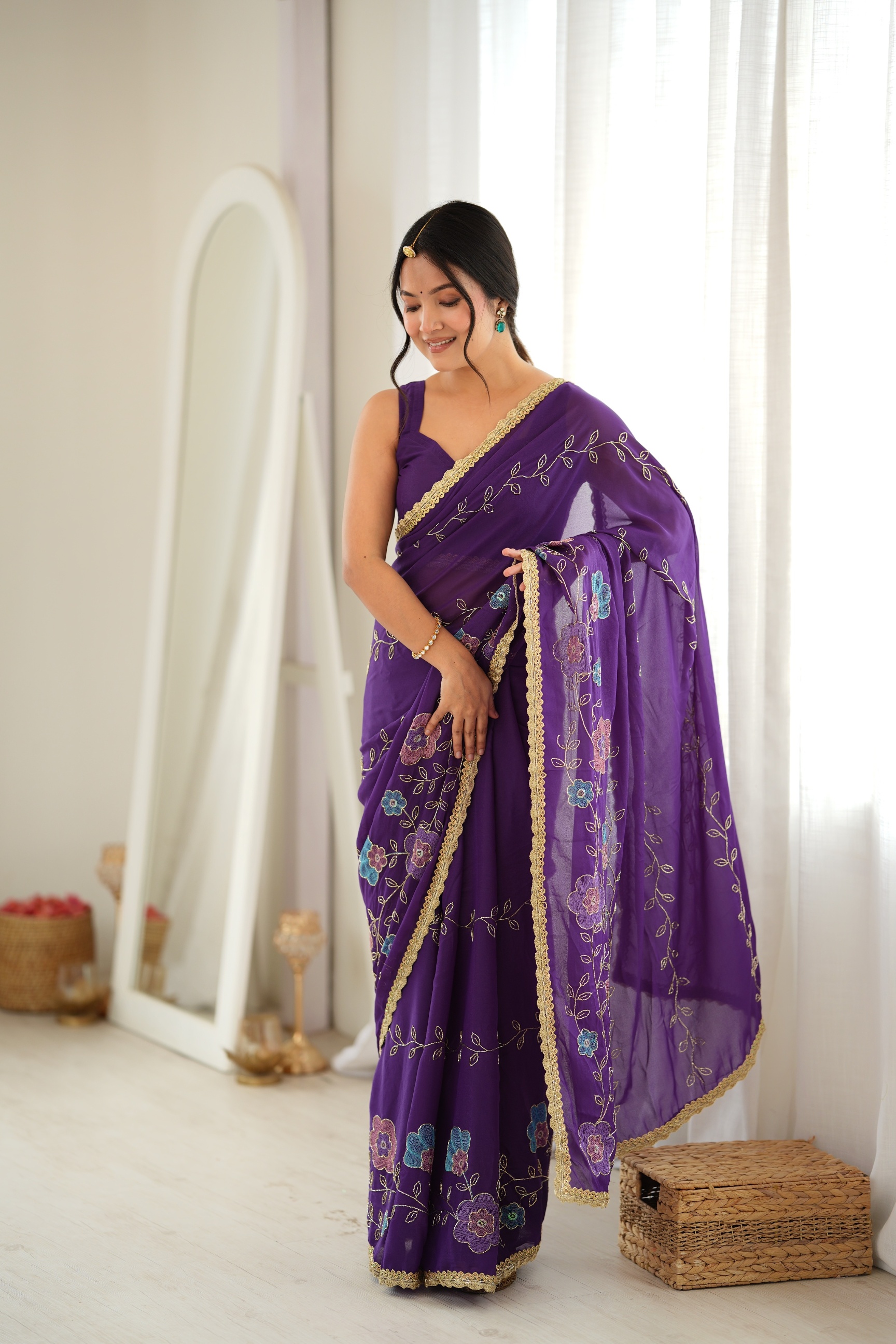 Purple Floral Embroidered Star Georgette Saree