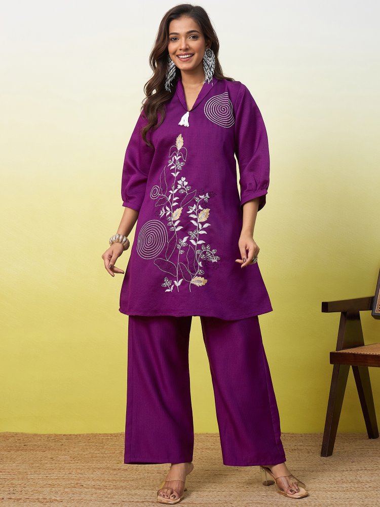 Purple Floral Embroidered Viscose Rayon Co-Ord Set