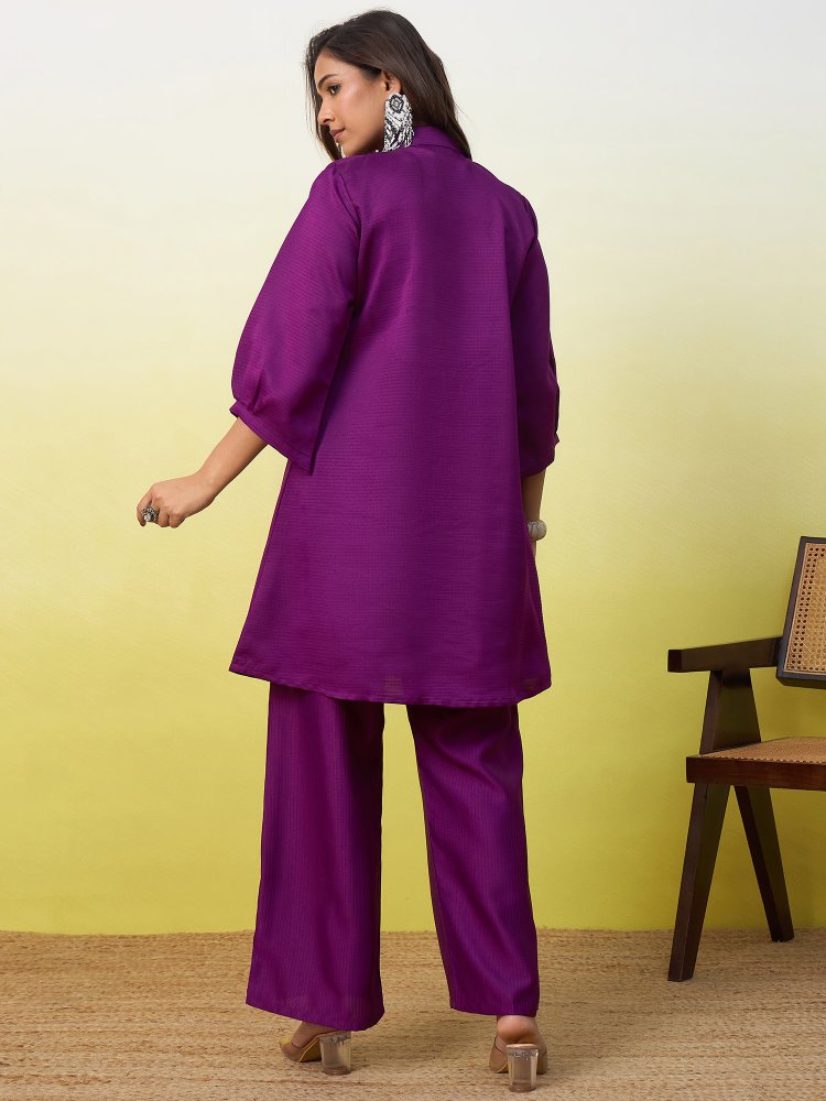 Purple Floral Embroidered Viscose Rayon Co-Ord Set — alternate view