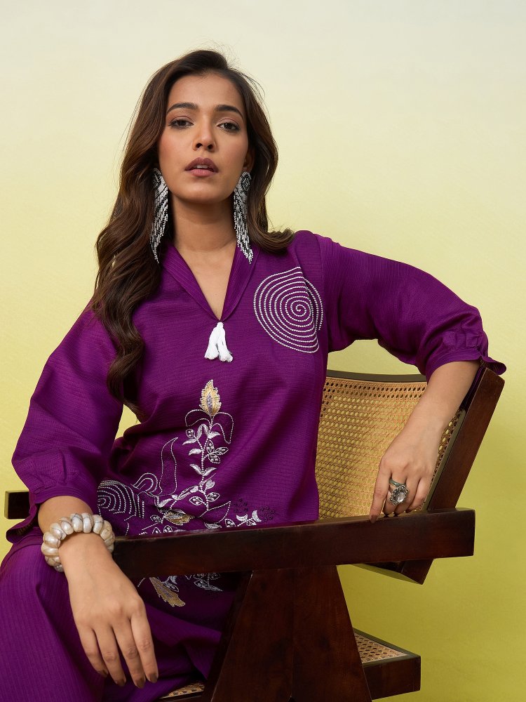 Purple Floral Embroidered Viscose Rayon Co-Ord Set