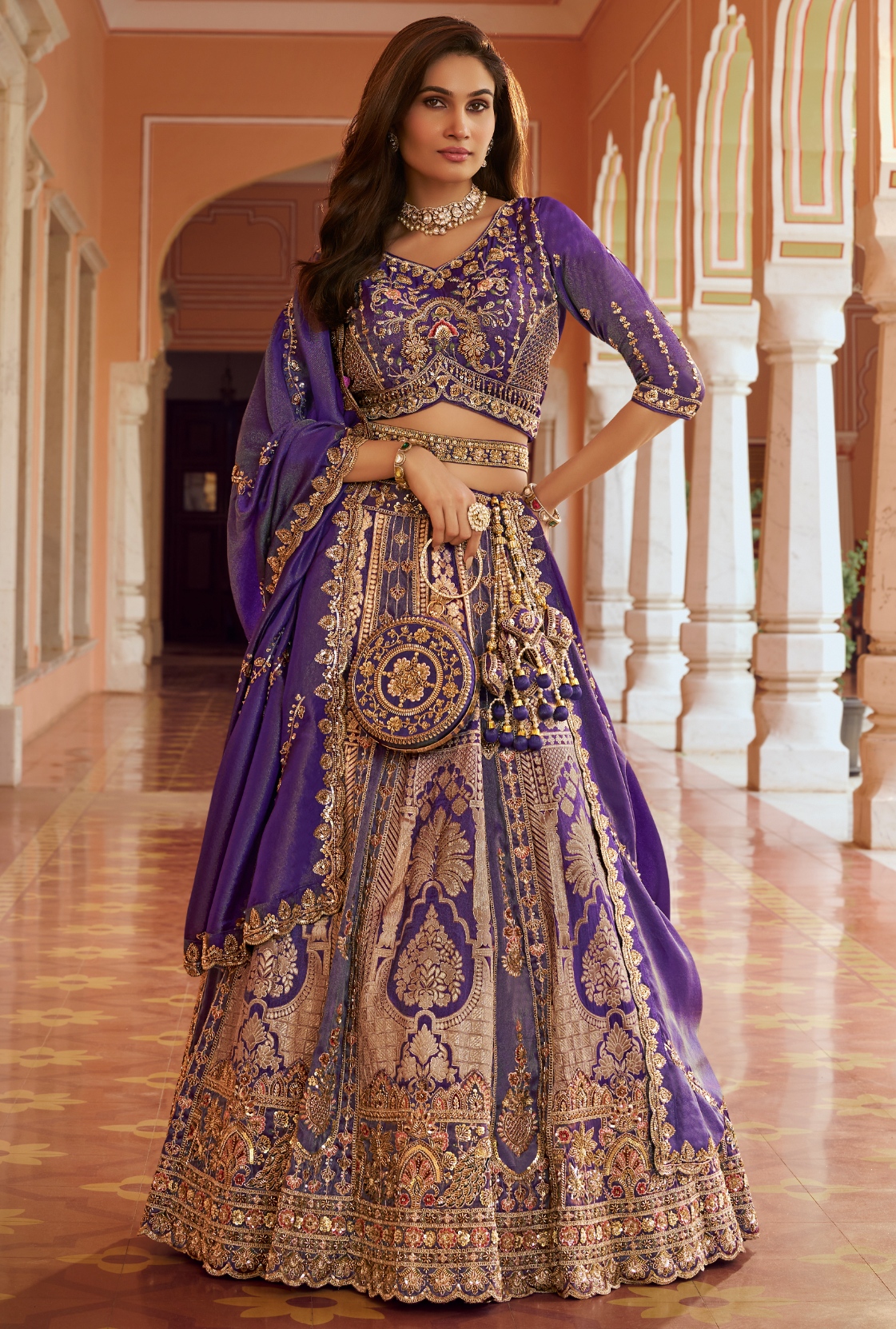 Purple Floral Embroidery Banarasi Premium Silk Lehenga Choli