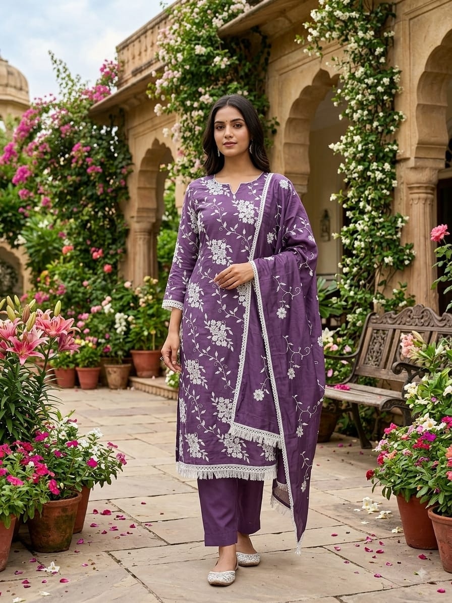 Purple Floral Embroidery Parampra Silk Straight Suit