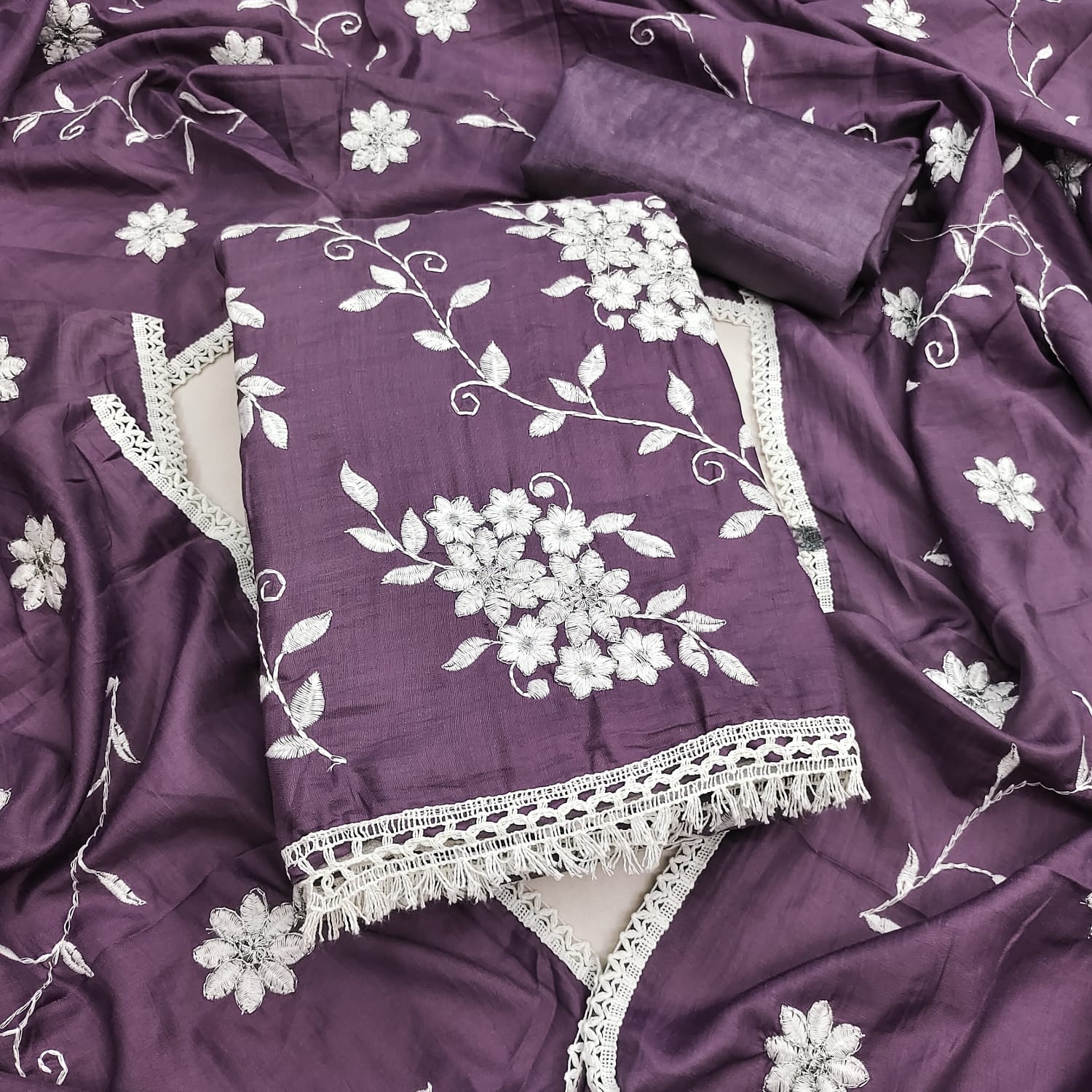 Purple Floral Embroidery Parampra Silk Straight Suit