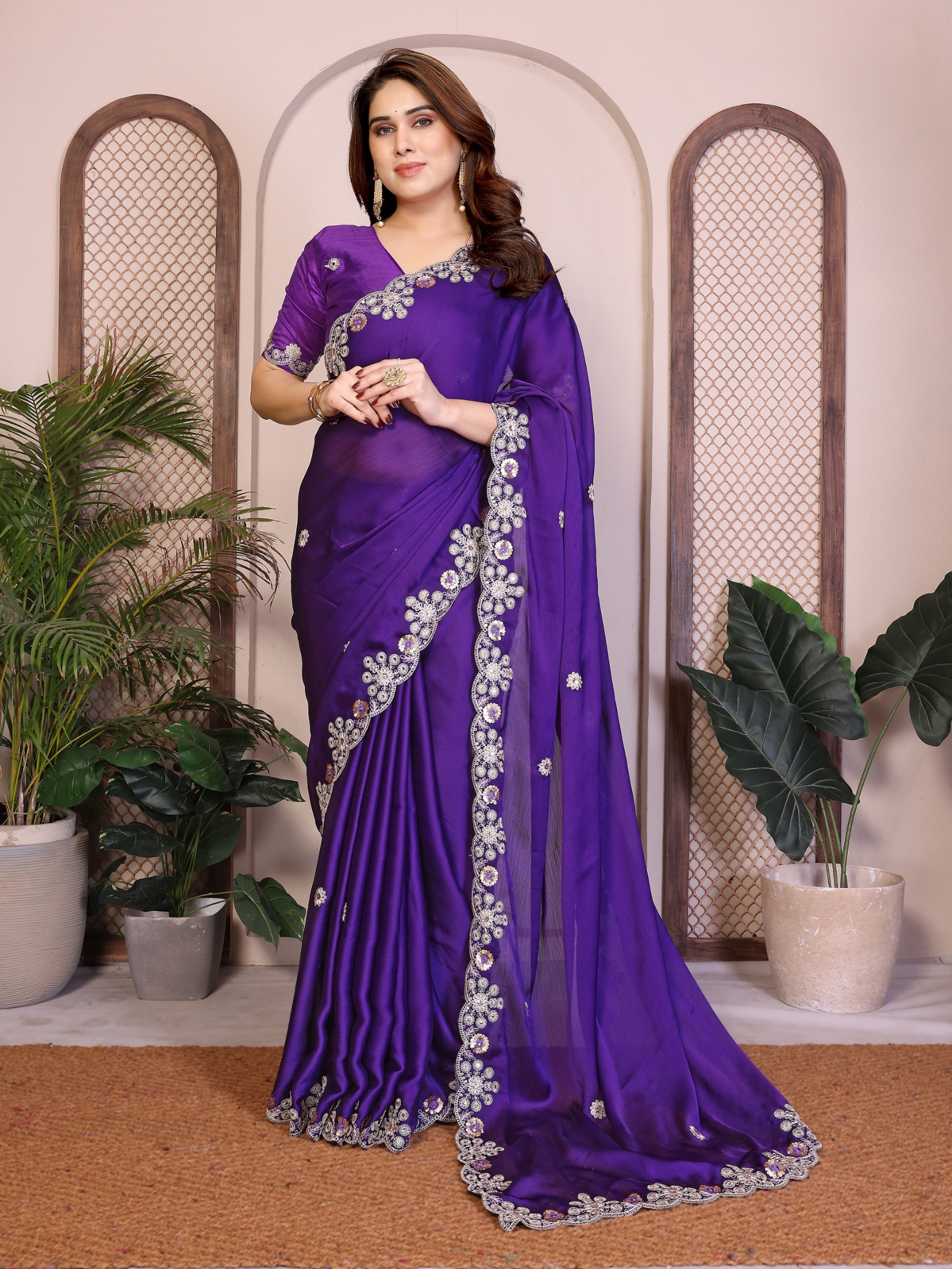 Purple Floral Embroidery Satin Chiffon Festive Saree