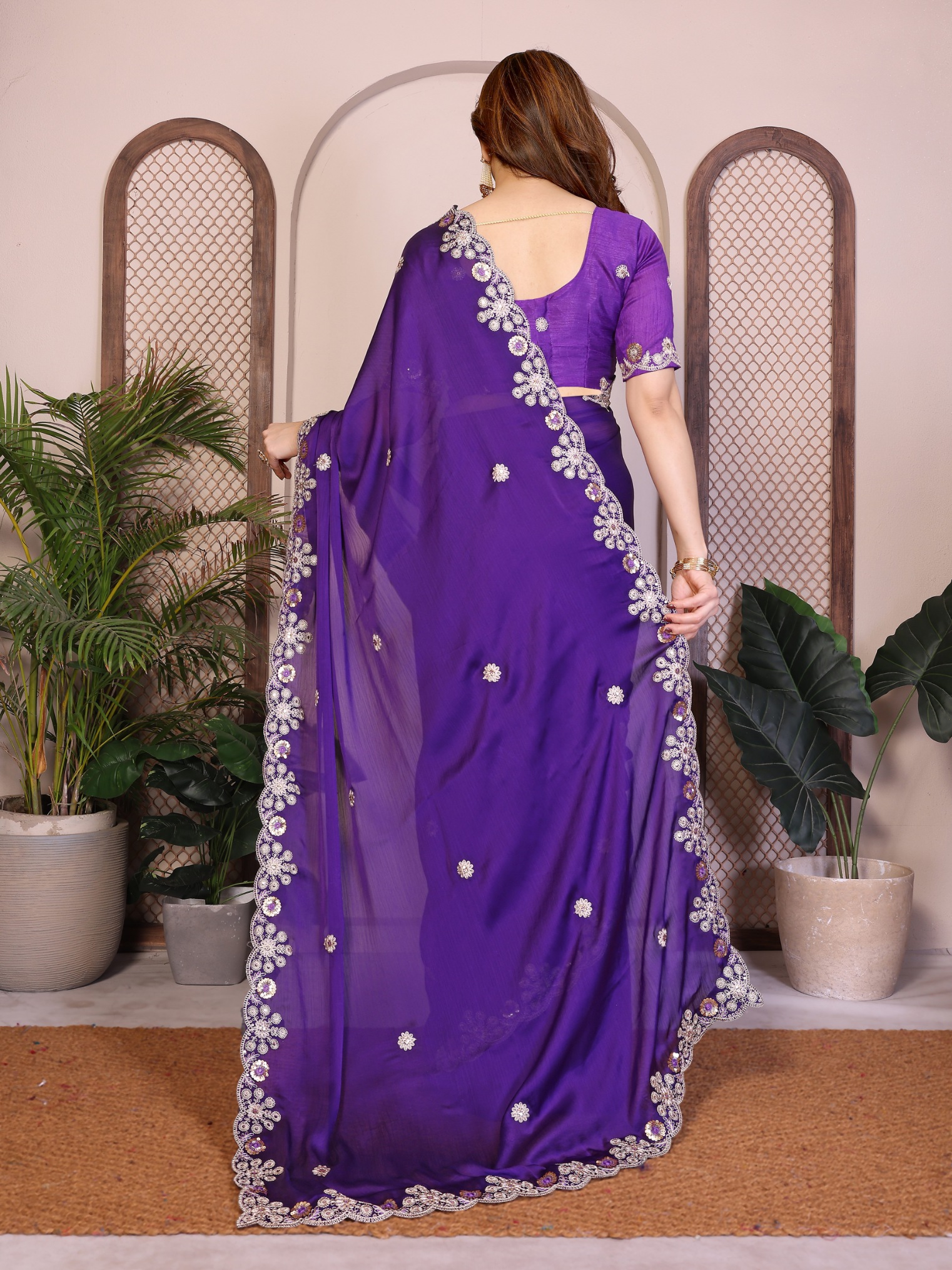 Purple Floral Embroidery Satin Chiffon Festive Saree — alternate view