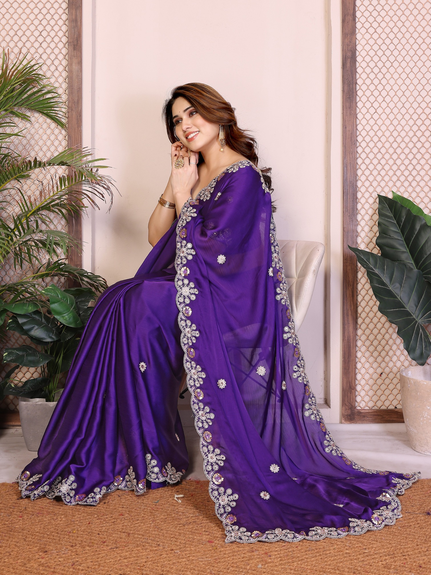 Purple Floral Embroidery Satin Chiffon Festive Saree