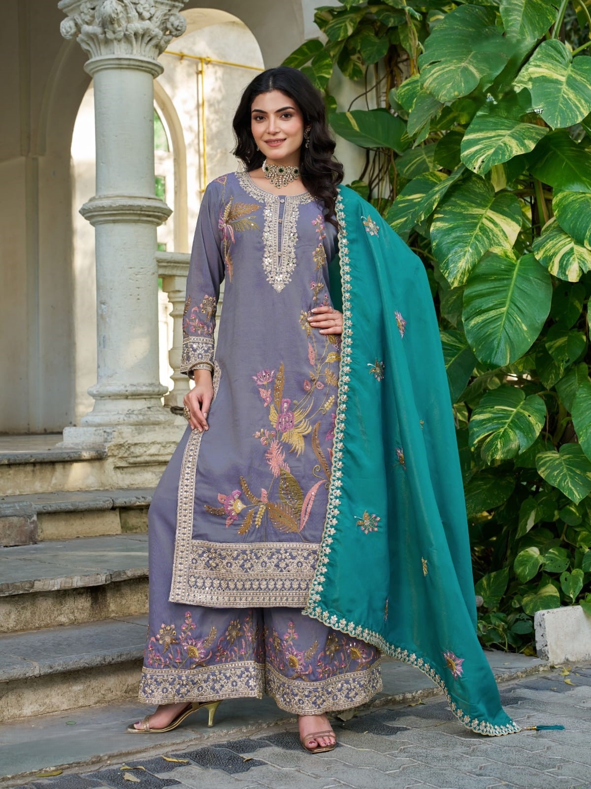 Purple Floral Embroidery Shimmer Palazzo Suit