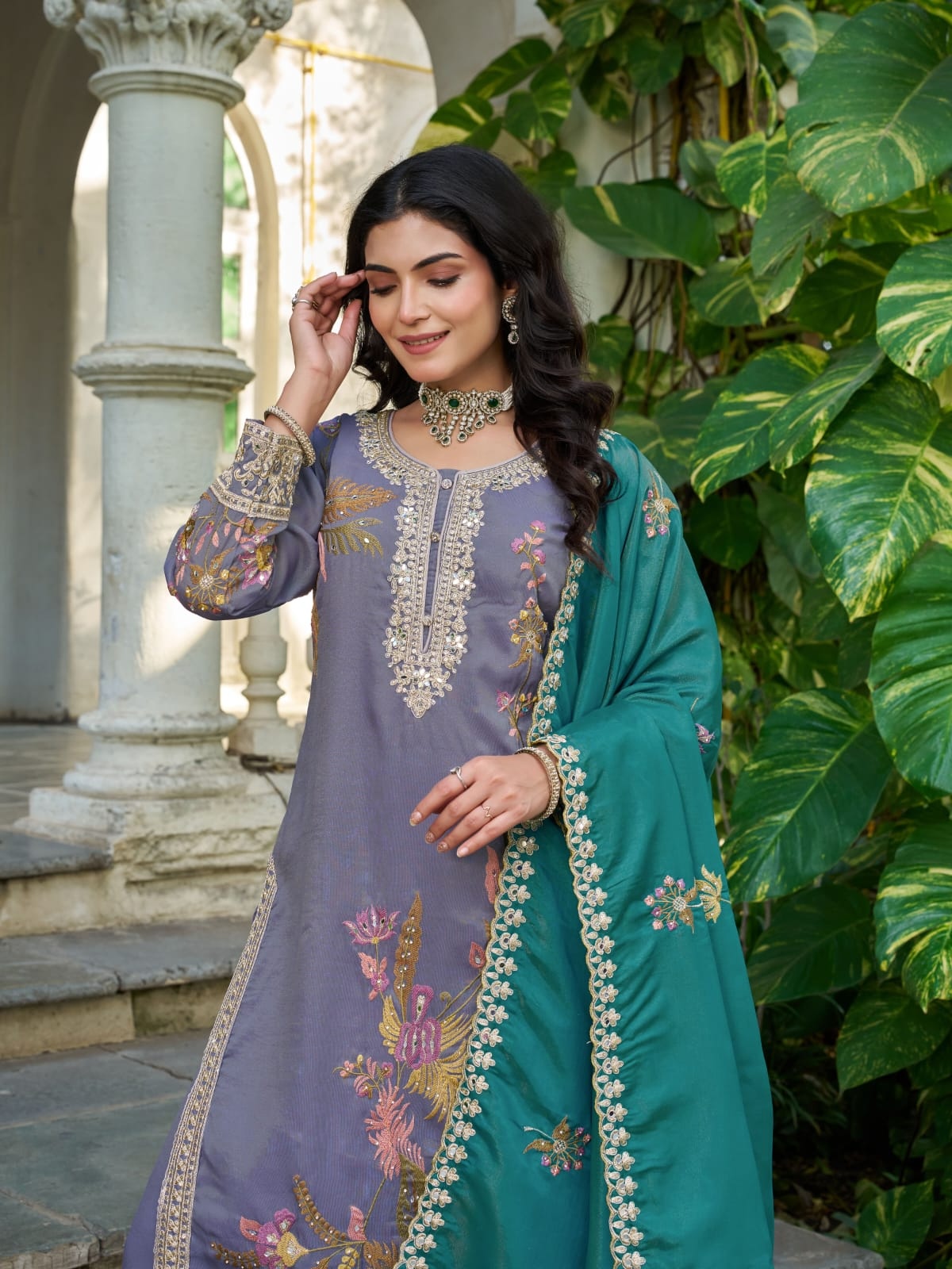 Purple Floral Embroidery Shimmer Palazzo Suit — alternate view