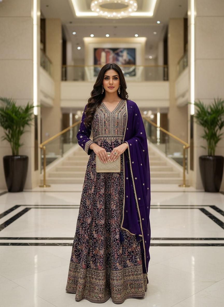 Purple Floral Georgette Gown