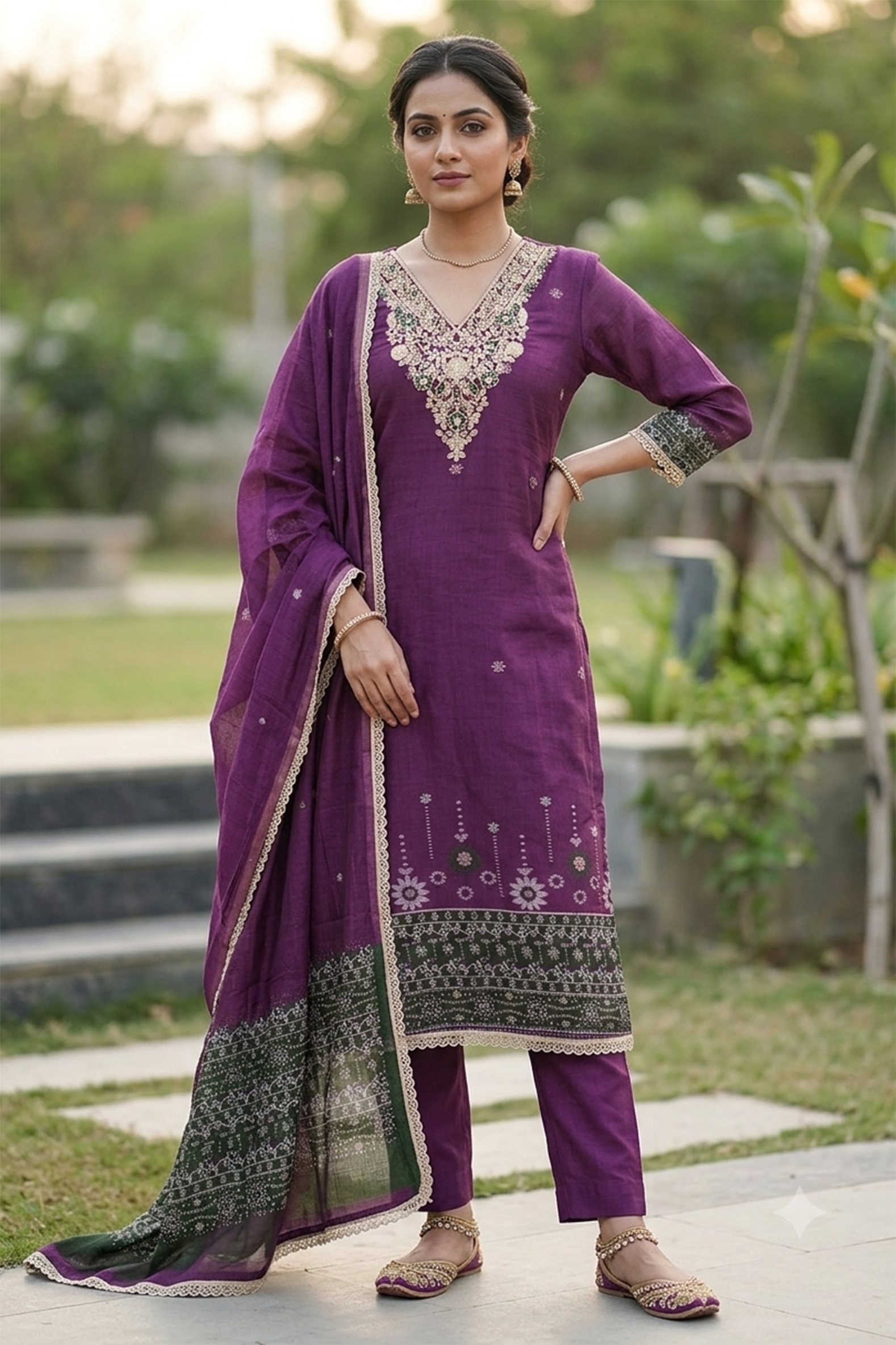 Purple Floral Handwork Banarasi Cotton Straight Suit