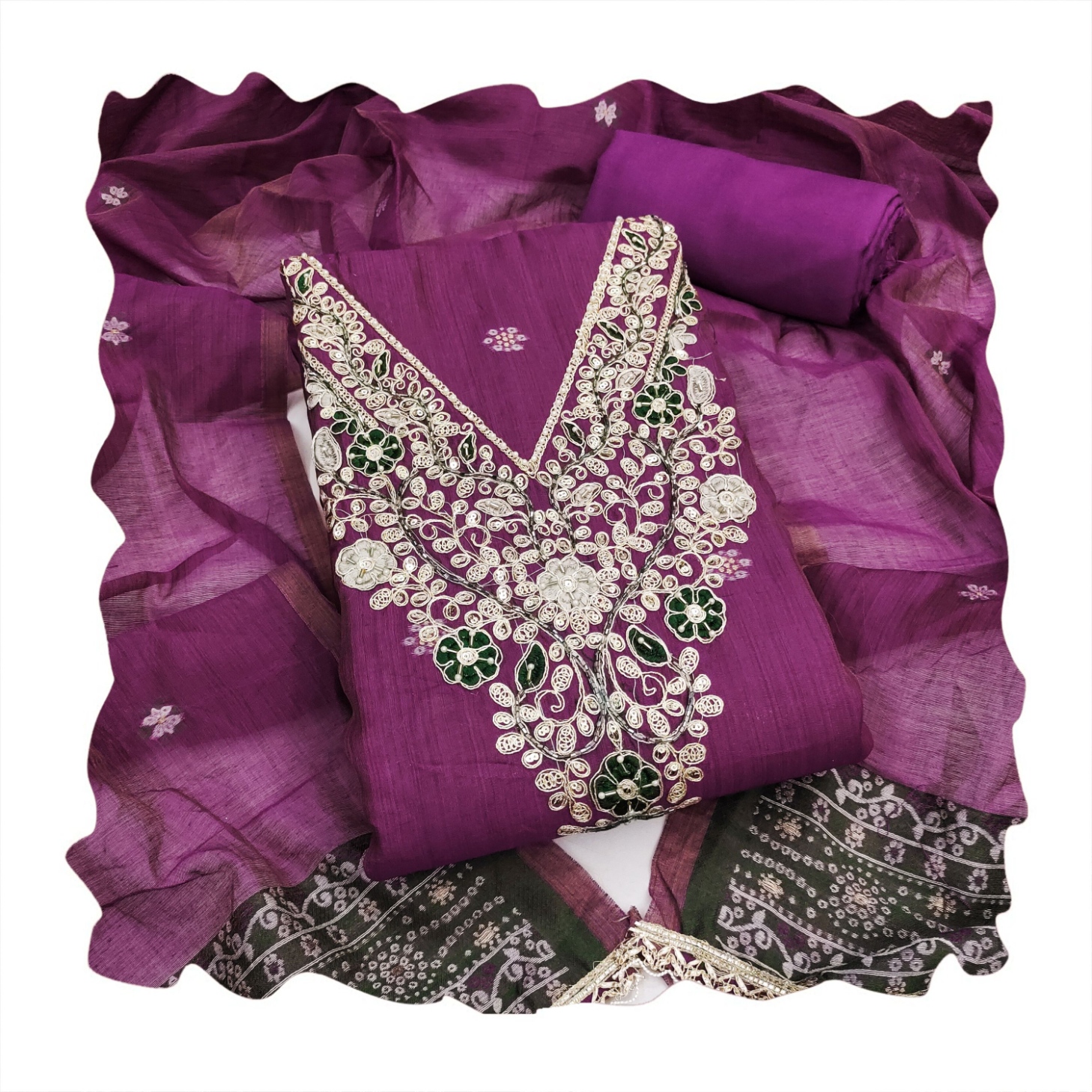 Purple Floral Handwork Banarasi Cotton Straight Suit — alternate view