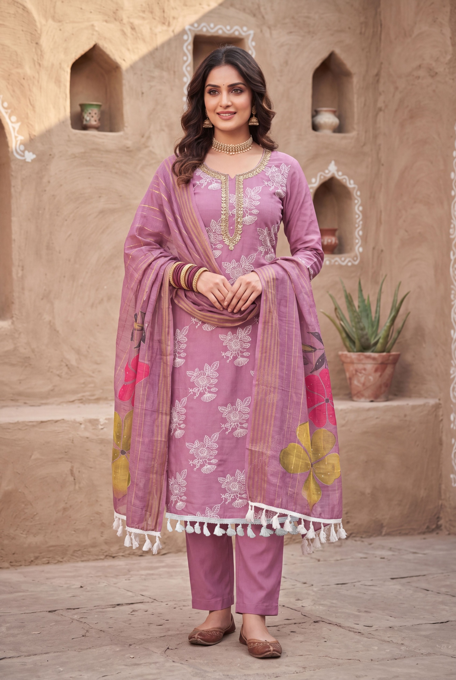 Purple Floral Handwork Cotton Silk Straight Suit