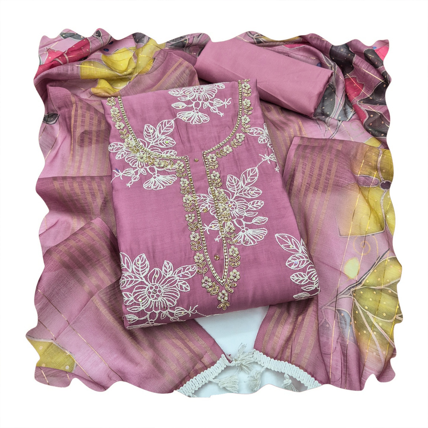 Purple Floral Handwork Cotton Silk Straight Suit — alternate view