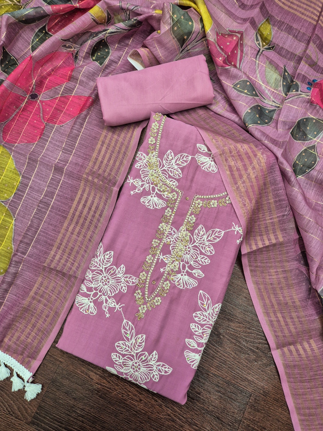 Purple Floral Handwork Cotton Silk Straight Suit