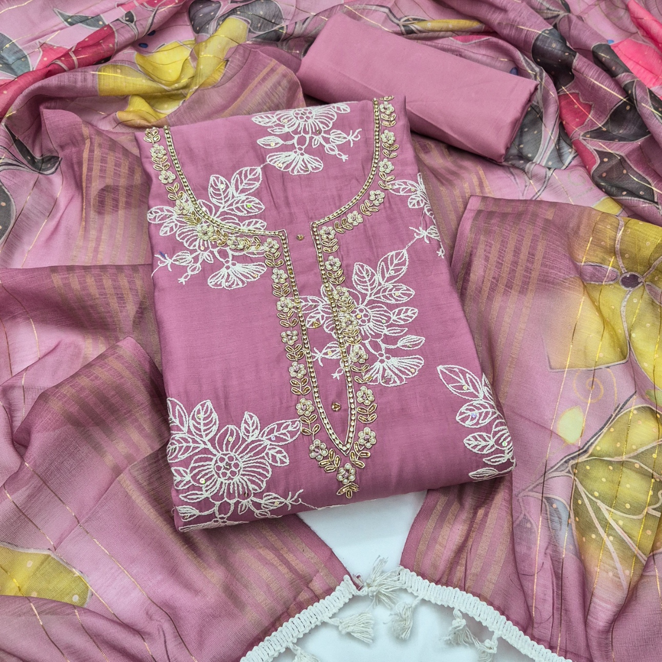 Purple Floral Handwork Cotton Silk Straight Suit