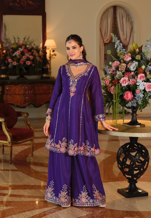 Purple Floral Heavy Embroidery Chinon Palazzo Suit