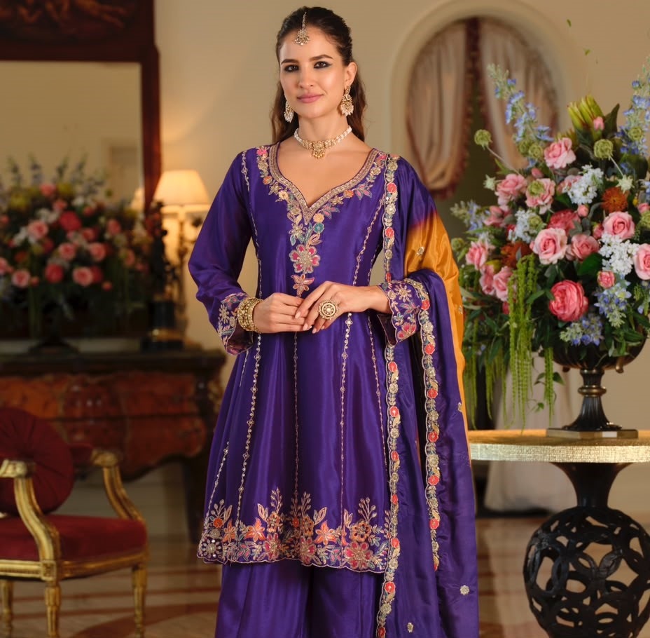 Purple Floral Heavy Embroidery Chinon Palazzo Suit