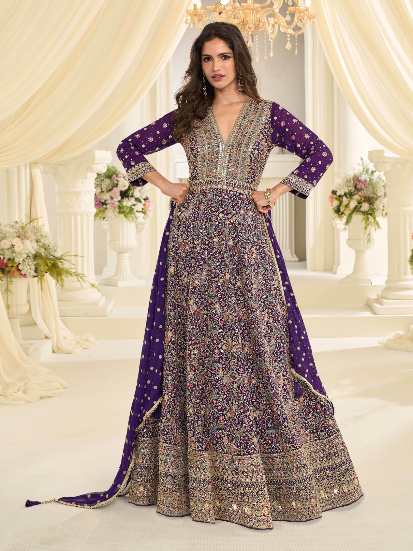 Purple Floral Heavy Embroidery Georgette Anarkali Gown