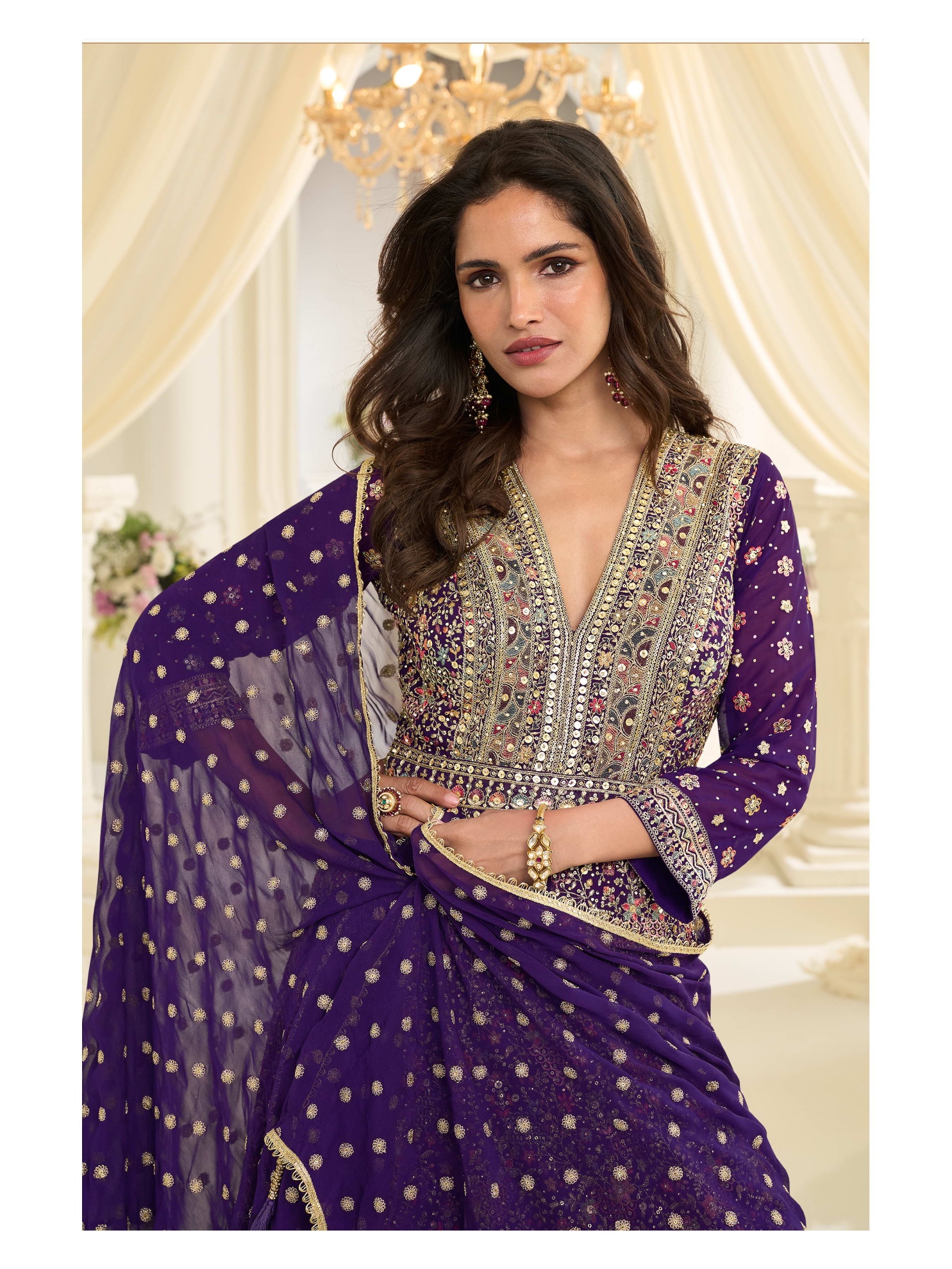 Purple Floral Heavy Embroidery Georgette Anarkali Gown