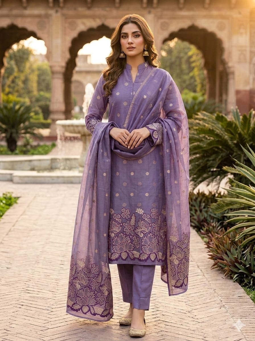 Purple Floral Jamdani Jacquard Silk Straight Pant Suit