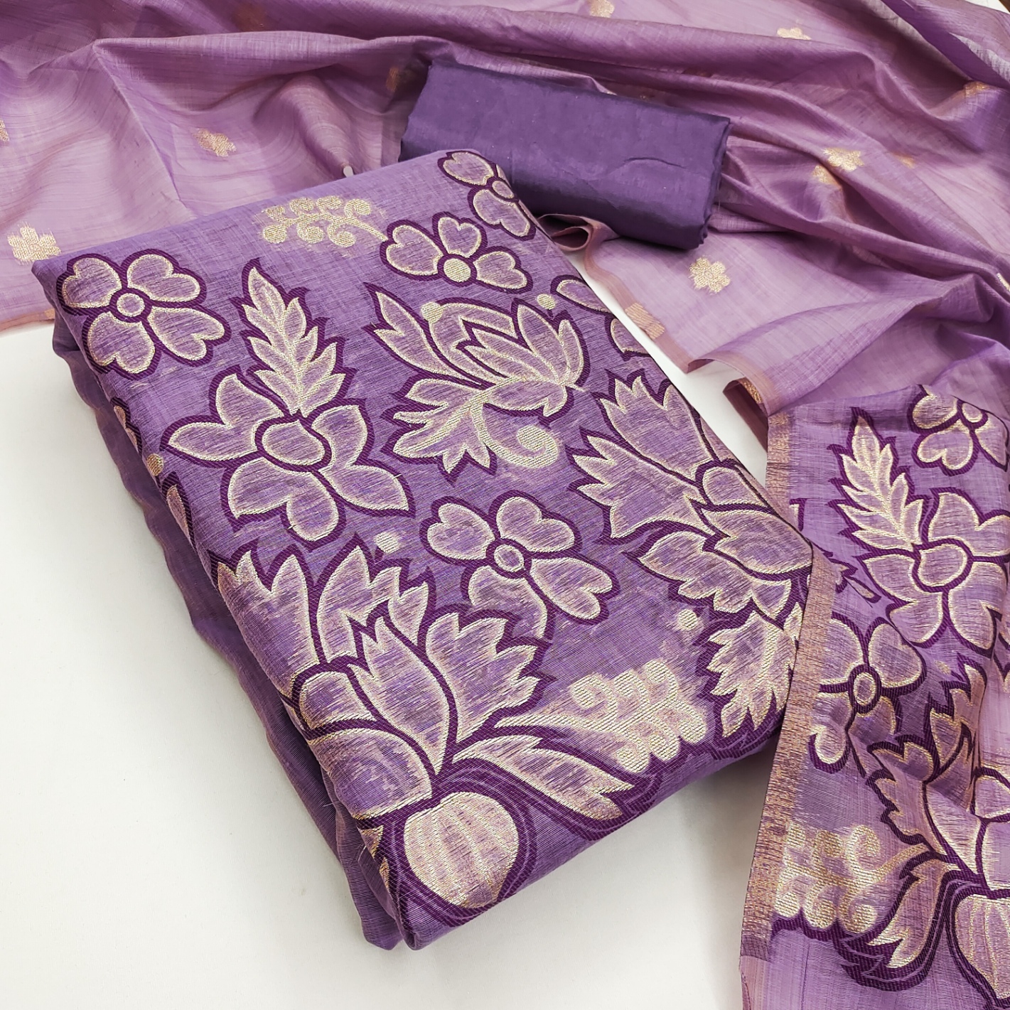 Purple Floral Jamdani Jacquard Silk Straight Pant Suit — alternate view