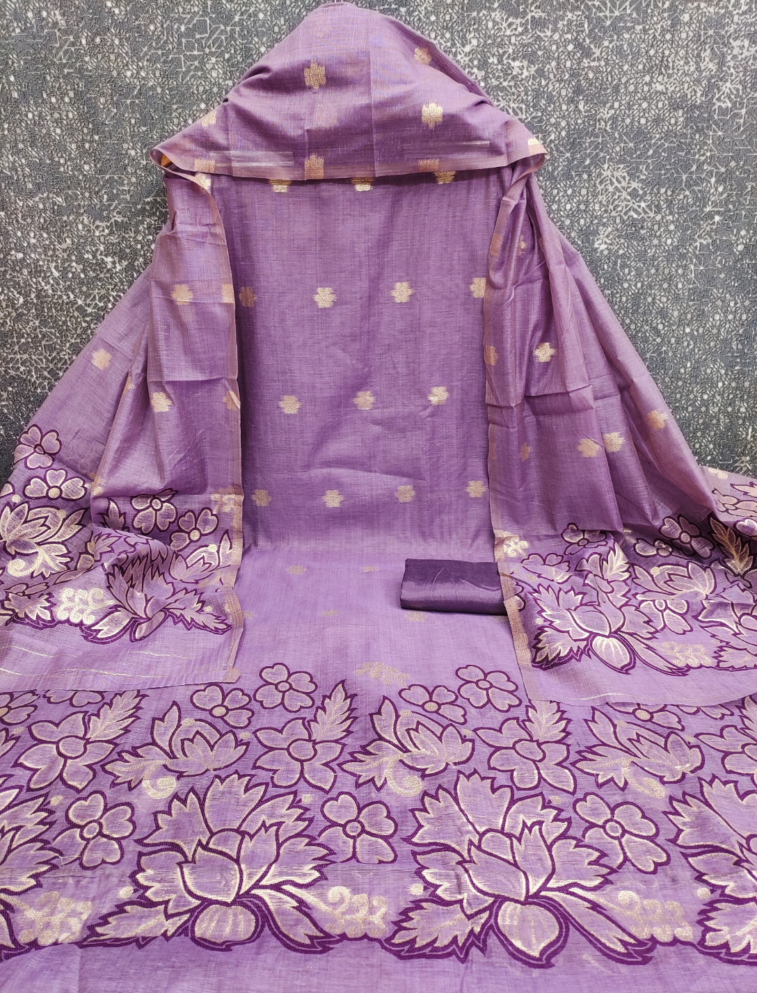 Purple Floral Jamdani Jacquard Silk Straight Pant Suit