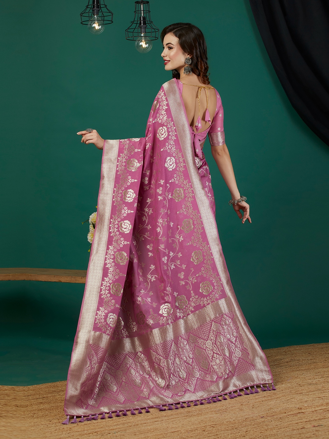 Purple Floral Jari Weaving Crepe Silk Saree — alternate view