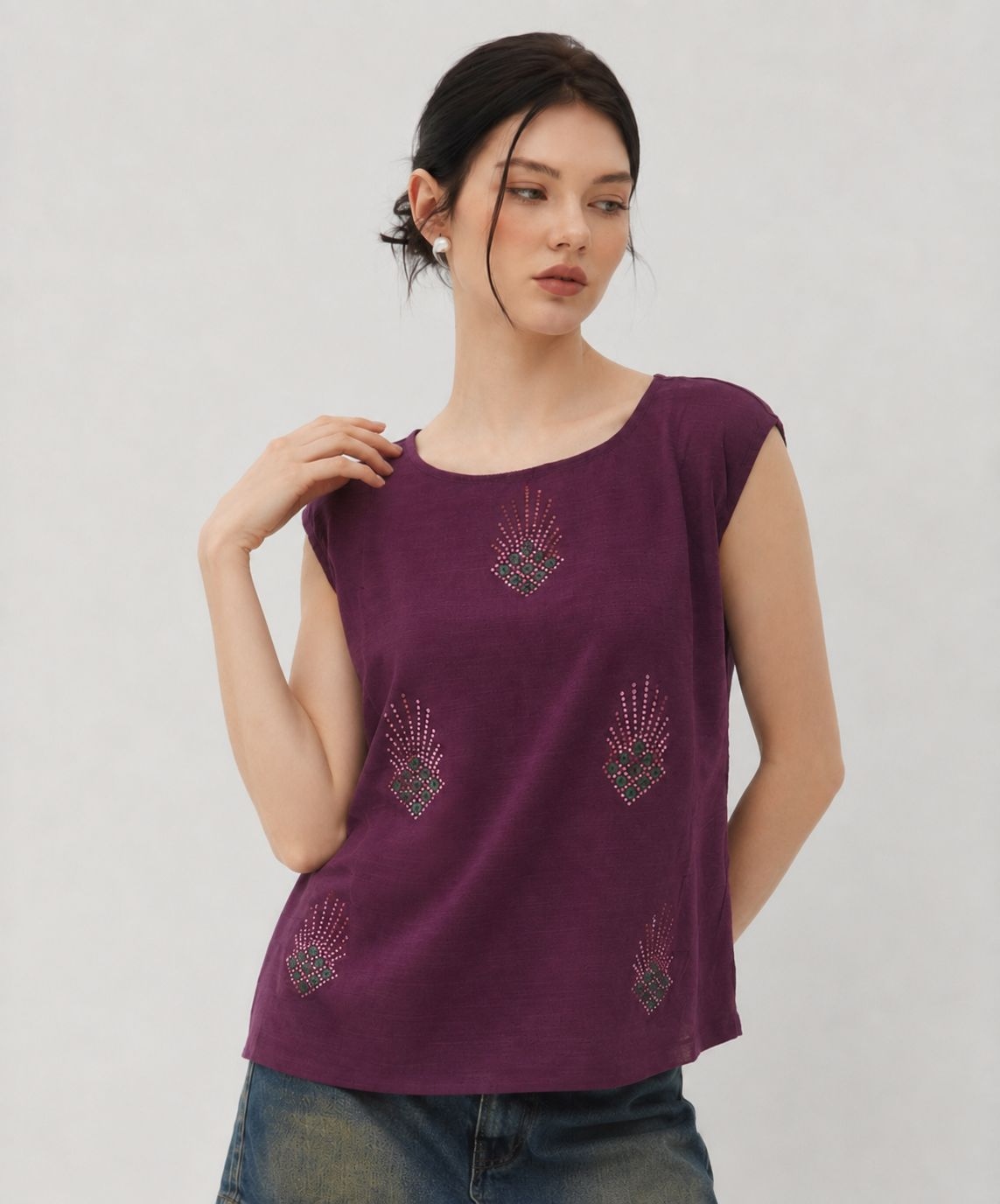 Purple Floral Motif Cotton Slub Short Tunic Top