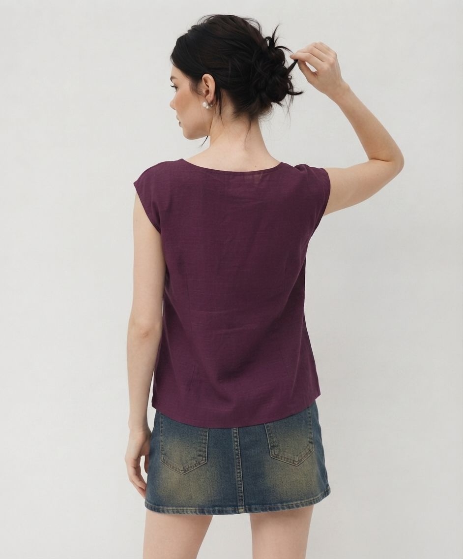 Purple Floral Motif Cotton Slub Short Tunic Top — alternate view