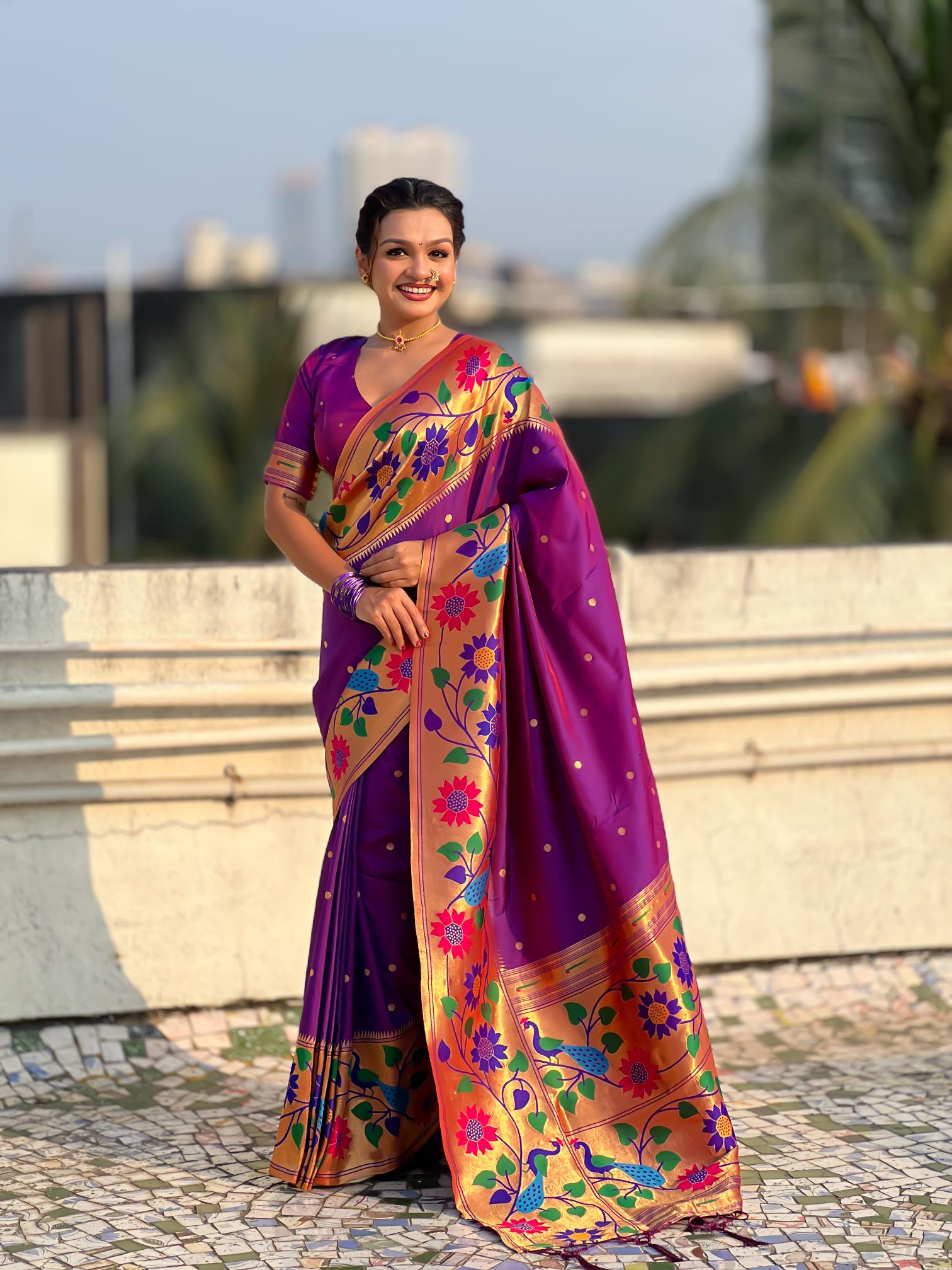 Purple Floral N Peacock Motif Paithani Silk Saree