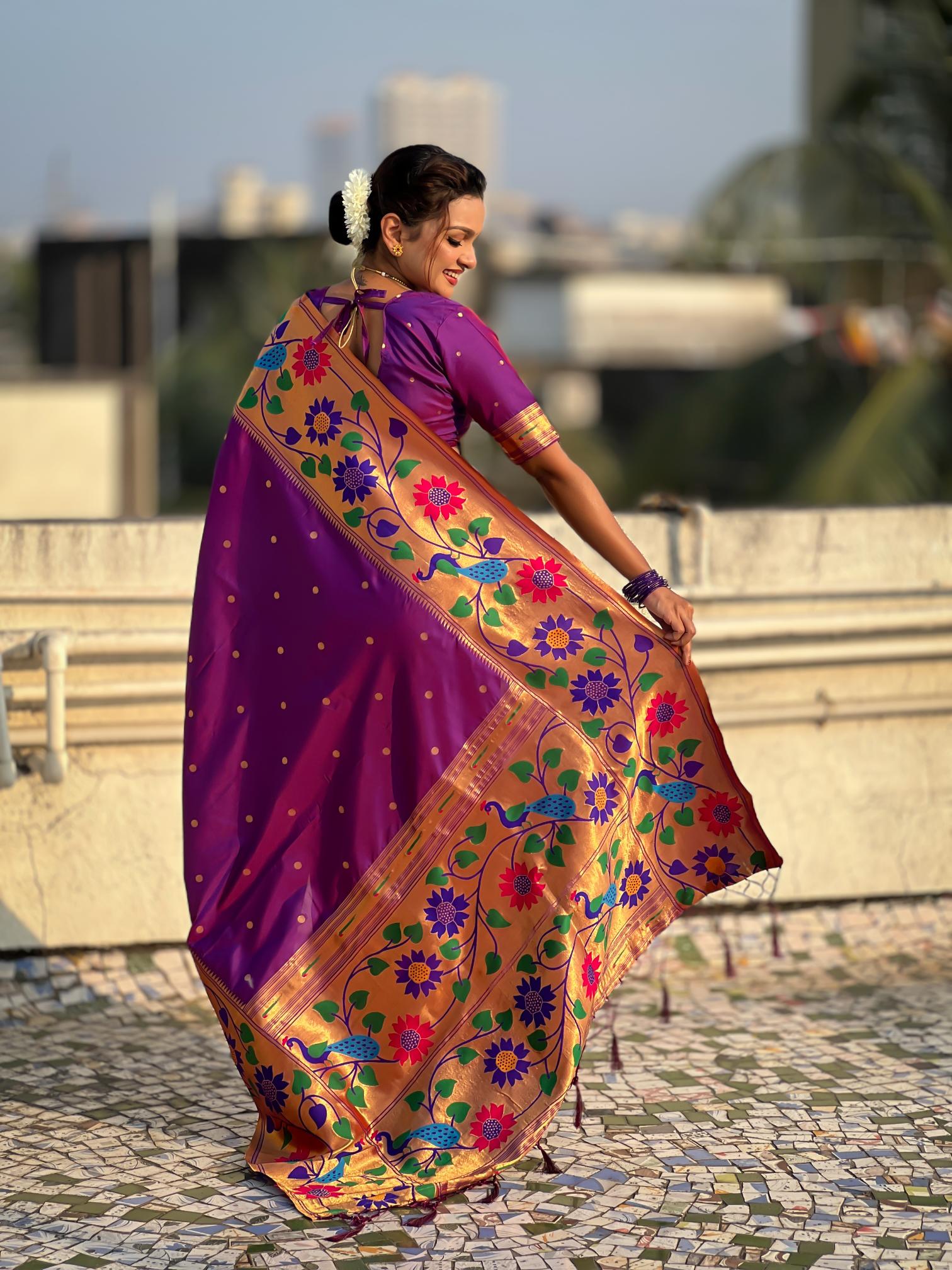 Purple Floral N Peacock Motif Paithani Silk Saree — alternate view