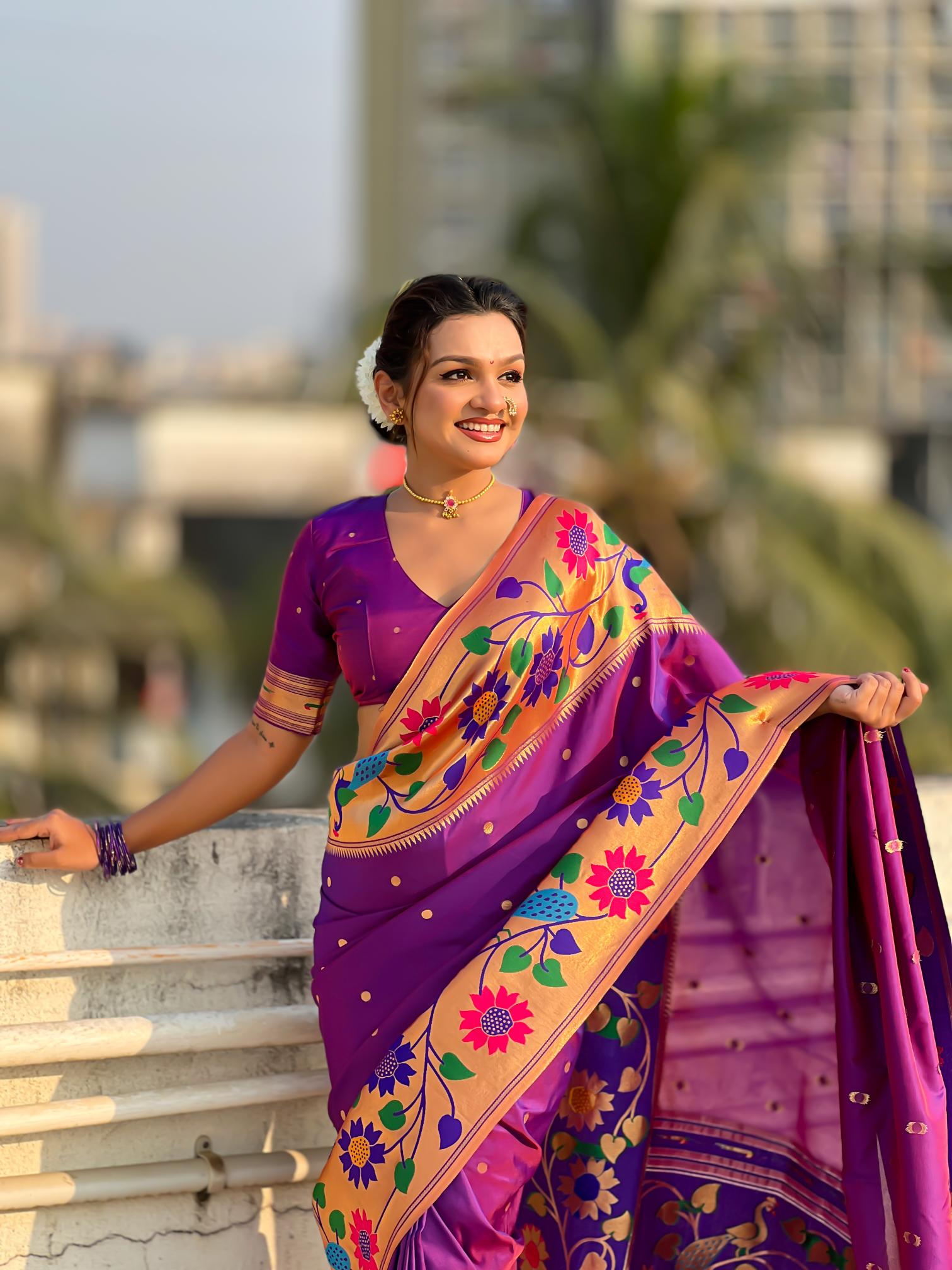 Purple Floral N Peacock Motif Paithani Silk Saree
